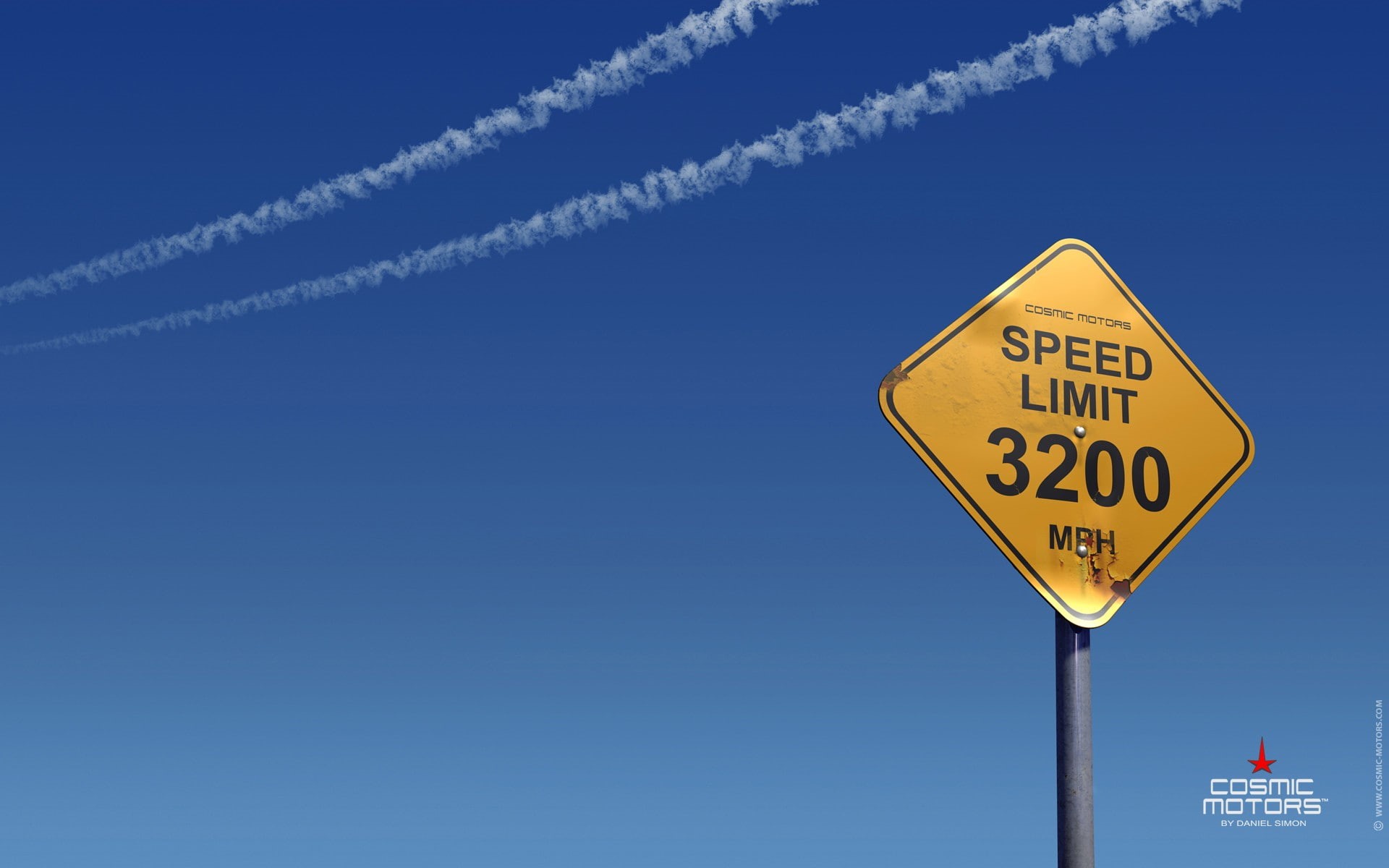 sign, road, warning sign, Cosmic Motors, guidance, sky, minimalism, copy space, warning signs, nature, speed-limit, transportation, numbers, day, blue background, HD Wallpaper
