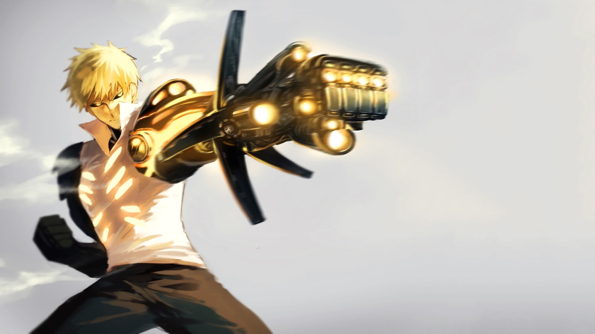 Genos, gold colored, musician, performance, hairstyle, copy space, anime, 1080P, stage, illuminated, brass instrument, musical instrument, lifestyles, HD Wallpaper