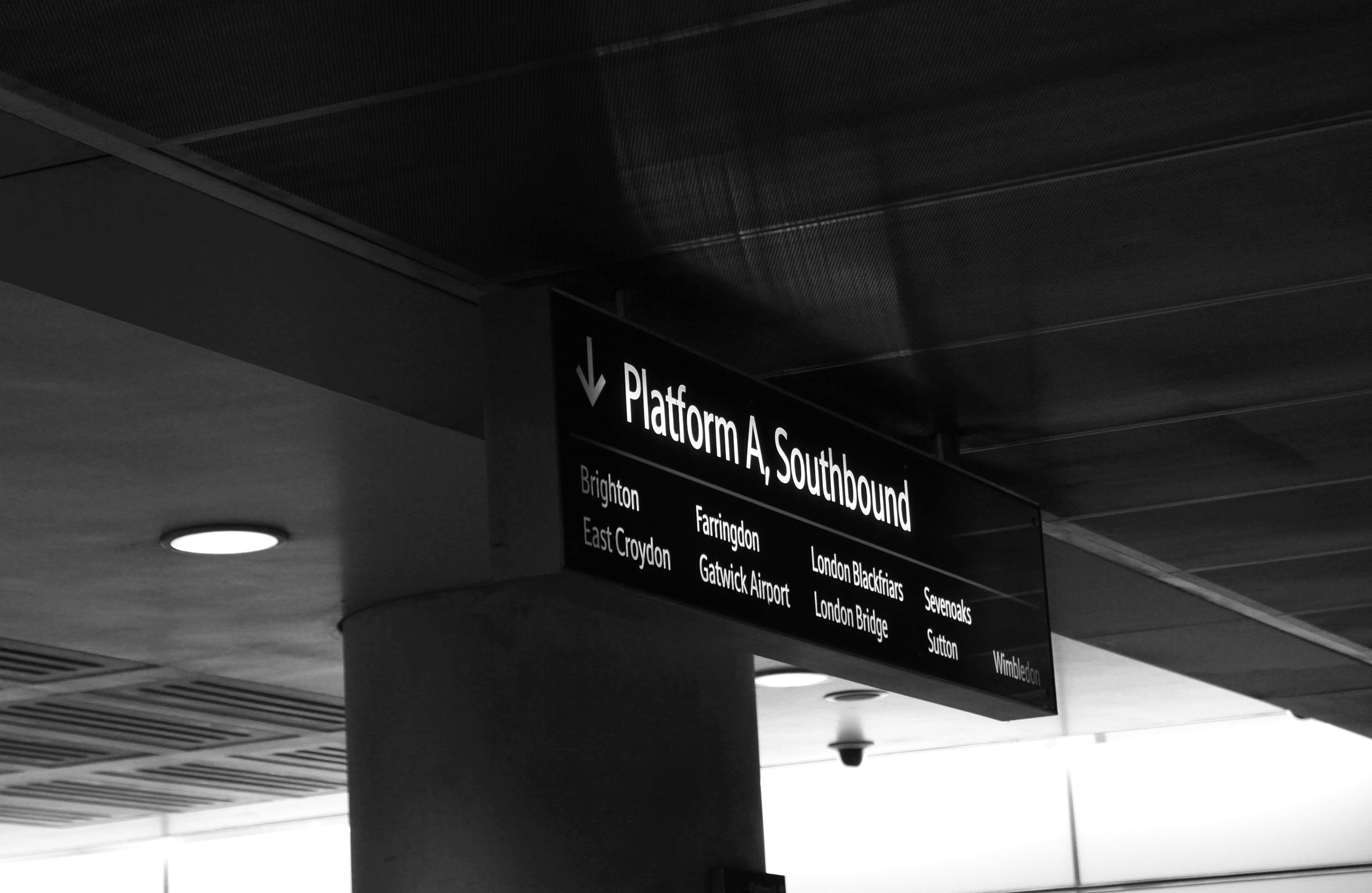 grayscale, station, number, script, information, exit sign, low angle view, text, Platform, no People, travel, western script, signage, signboard, sign, HD Wallpaper