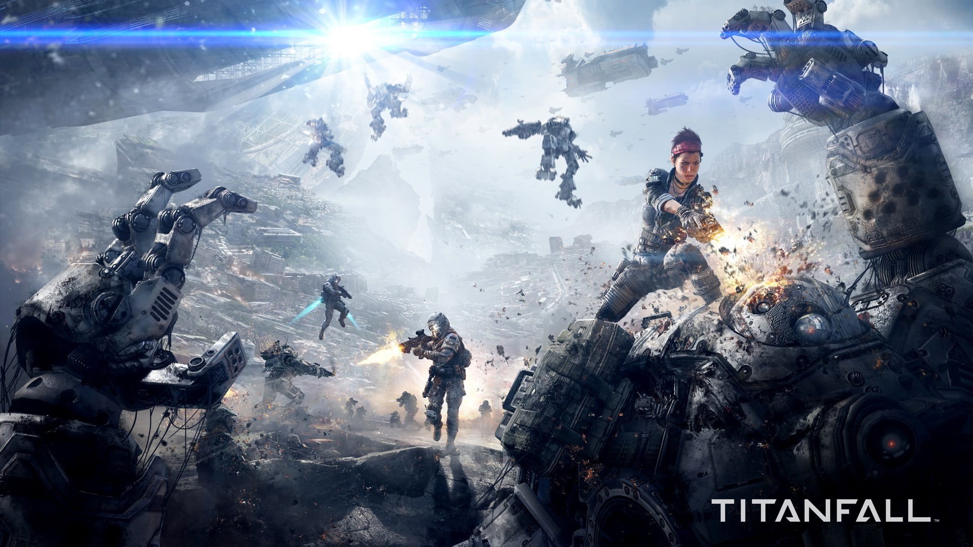 lens flare, outdoors, group, holding, Titanfall, video games, digital, group of people, people, aggression, men, military, day, real people, HD Wallpaper