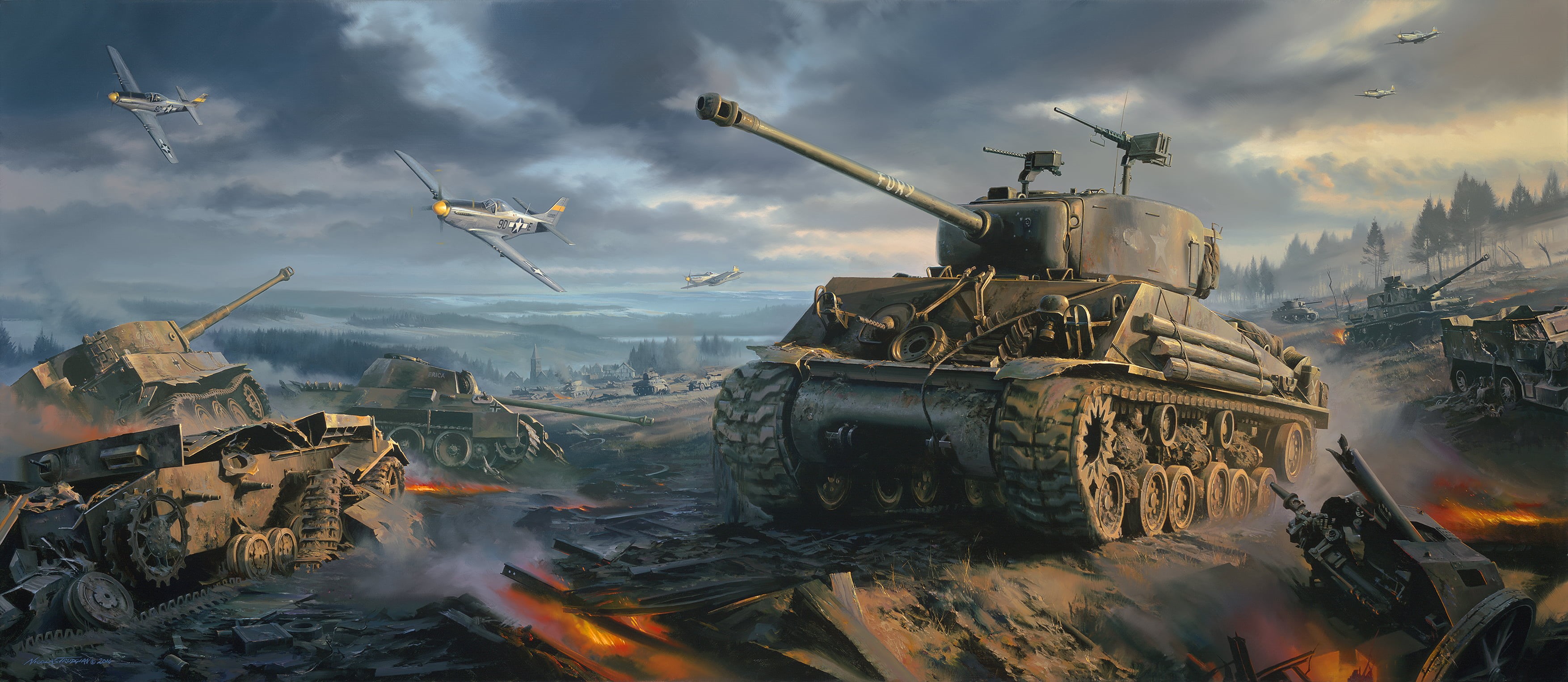 war, cloud - sky, army, fire, camouflage, flying, transportation, P-51 Mustang, art, Movie, Fury, day, gray, painting, machinery, built structure, cannon, HD Wallpaper