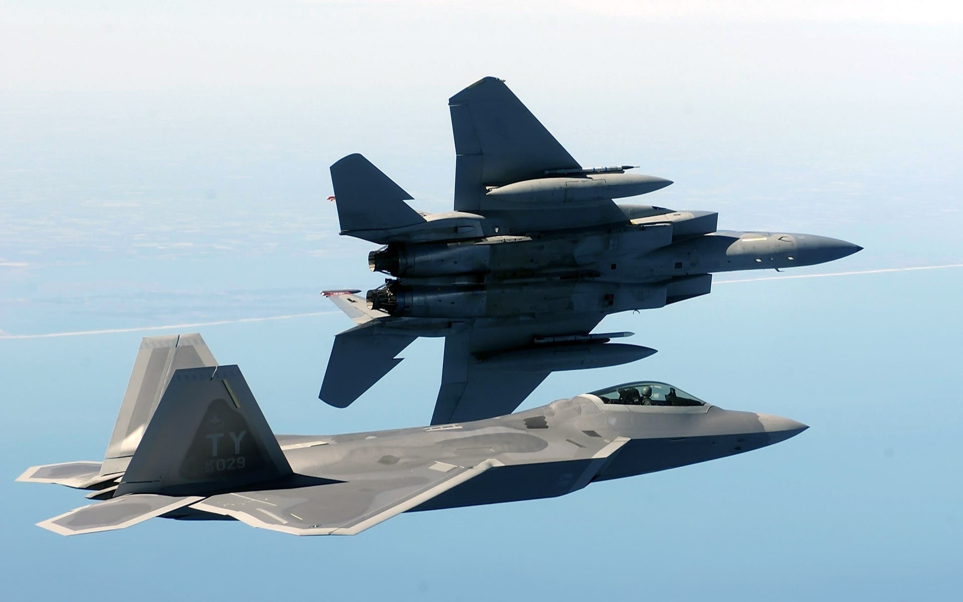 mid-air, flying, two, air force, mode of transportation, gray, no people, army, on the move, nature, sky, military airplane, clear sky, day, fighter, military aircraft, HD Wallpaper