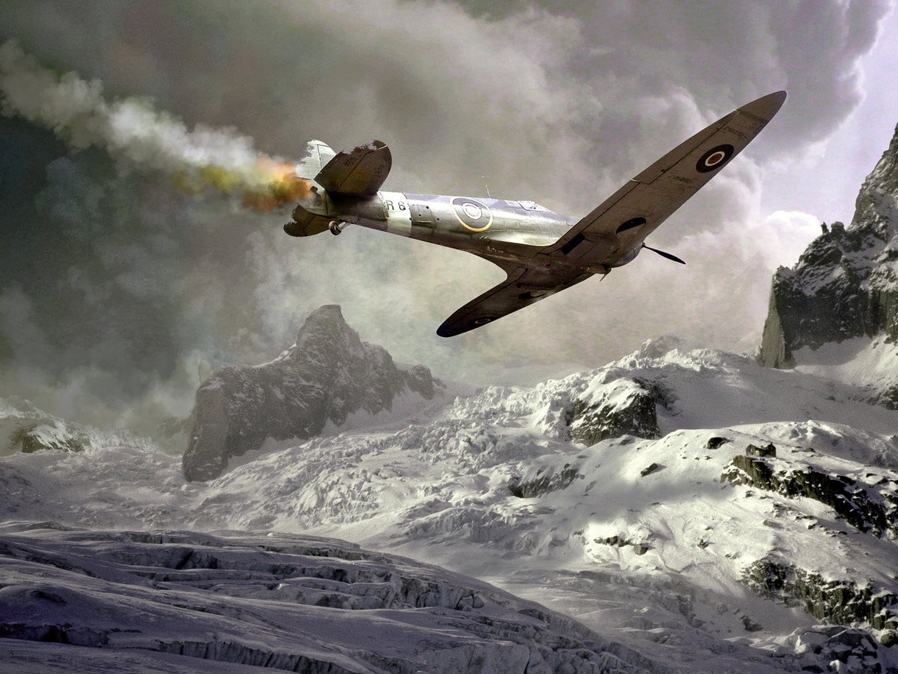 mode of transportation, UK, snowcapped mountain, aircraft, spitfire, Royal Airforce, outdoors, no people, motion, sky, day, air vehicle, cold temperature, HD Wallpaper