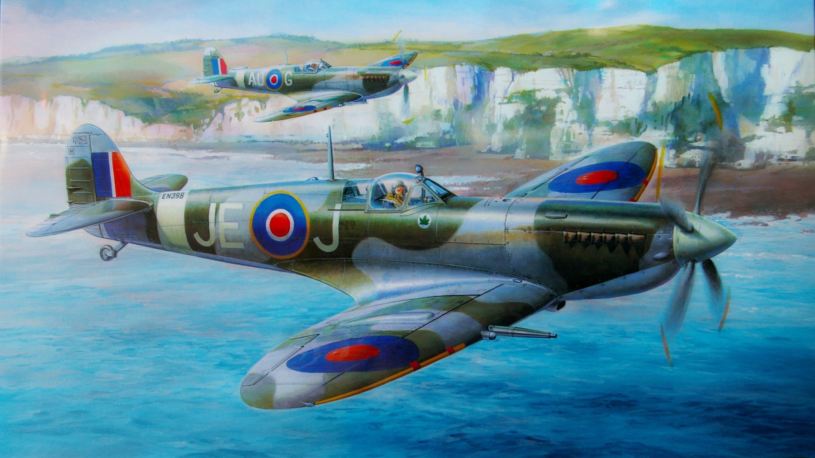 airplane, World War II, transportation, water, air vehicle, military, sea, plane, aircraft, mode of transportation, spitfire, flying, on the move, motion, HD Wallpaper