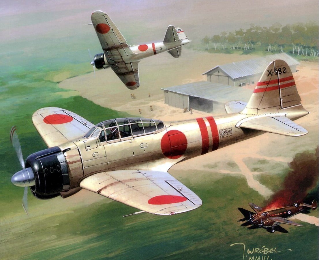 mid-air, painting, aircraft, flying, sky, two, airport, World War II, airplane, outdoors, military aircraft, Japan, Zero, fighter, fighter plane, Japanese, HD Wallpaper