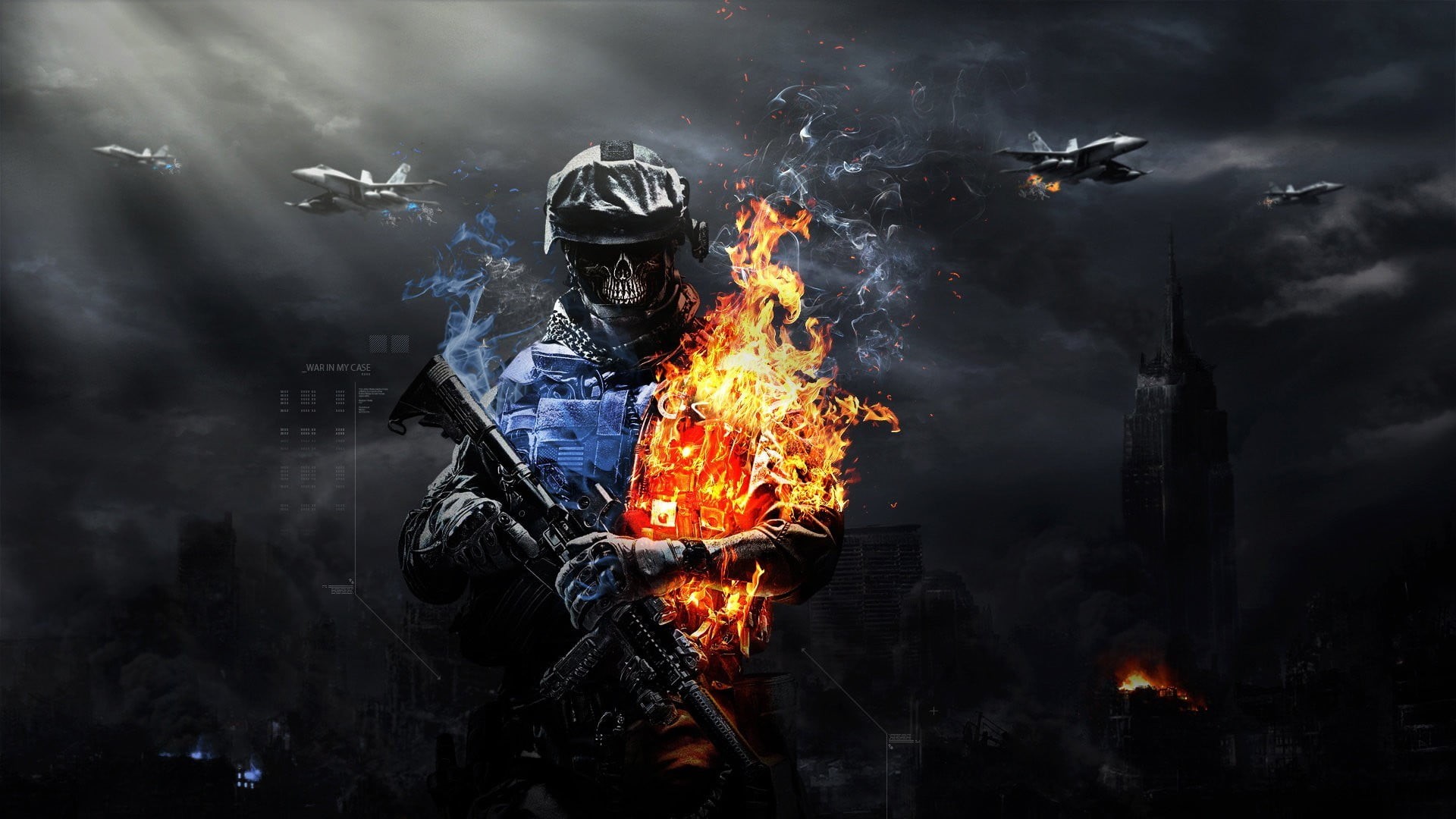 heat - temperature, digital composite, mid adult, soldier, skyscraper, suppressors, fire, 1080P, illuminated, digital, smoke, aircraft, mid adult men, HD Wallpaper