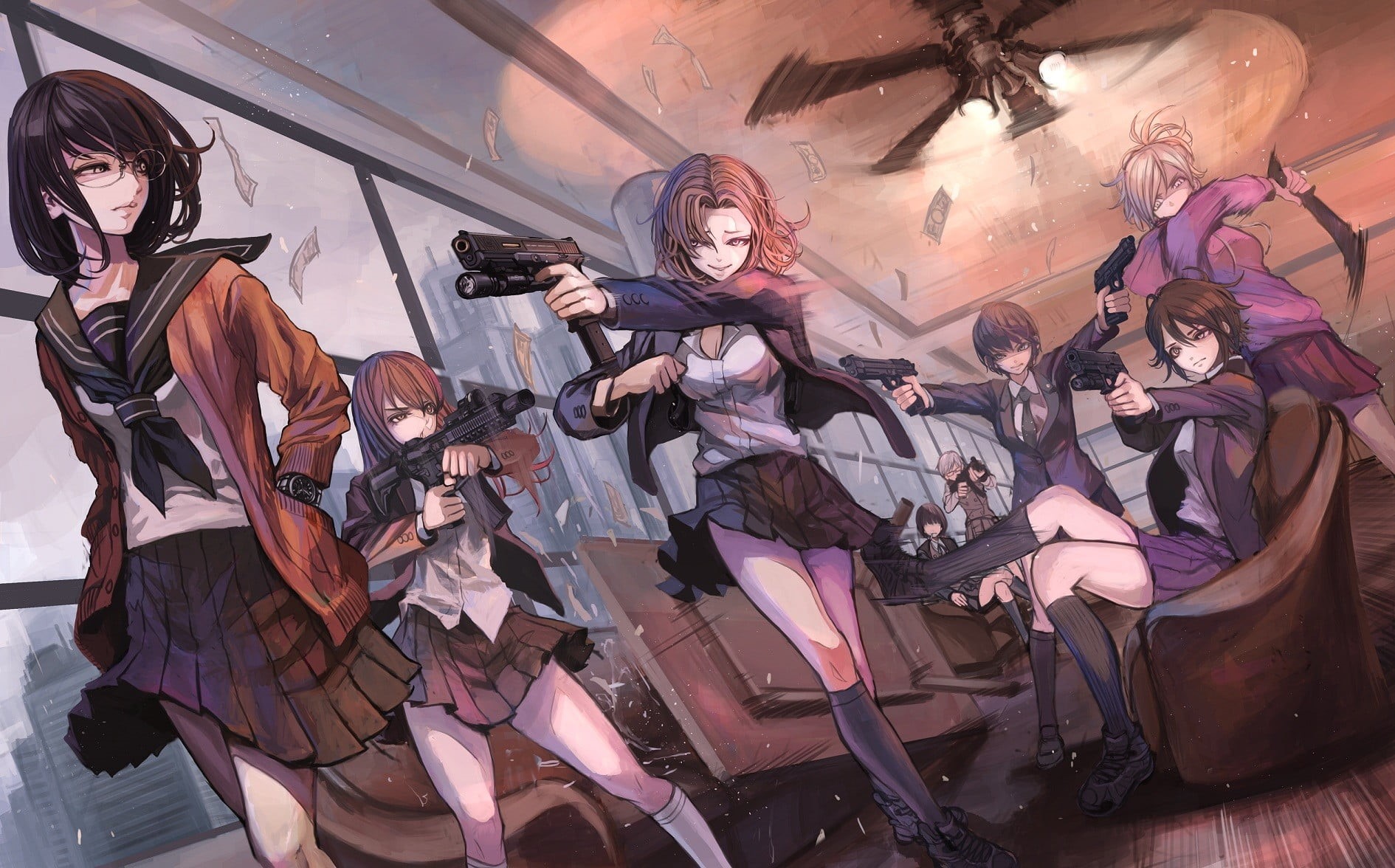 indoors, young women, large group of people, enjoyment, anime, event, sword, weapon, sweater, leisure activity, original characters, standing, group of people, HD Wallpaper