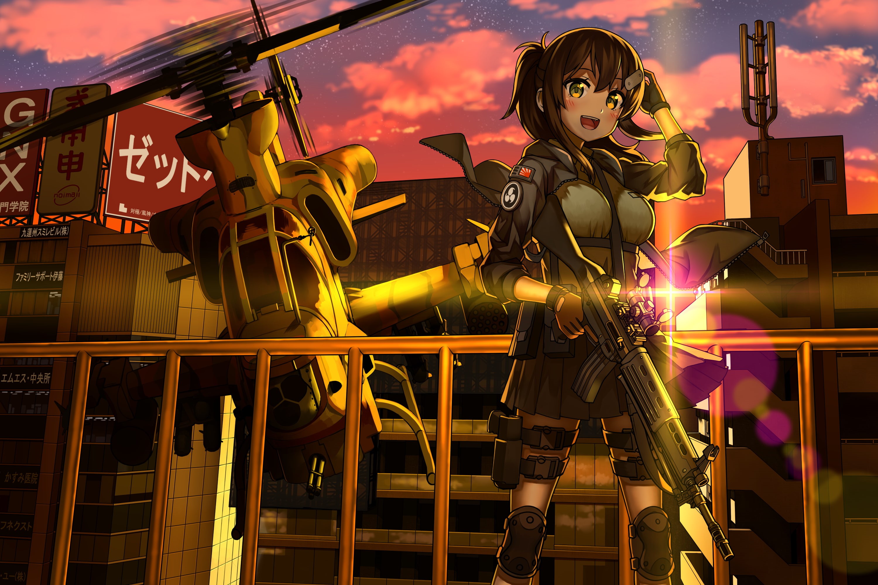 three quarter length, beautiful woman, sunset, anime girl, casual clothing, helicopter, built structure, human representation, illuminated, soldier, smiling, HD Wallpaper