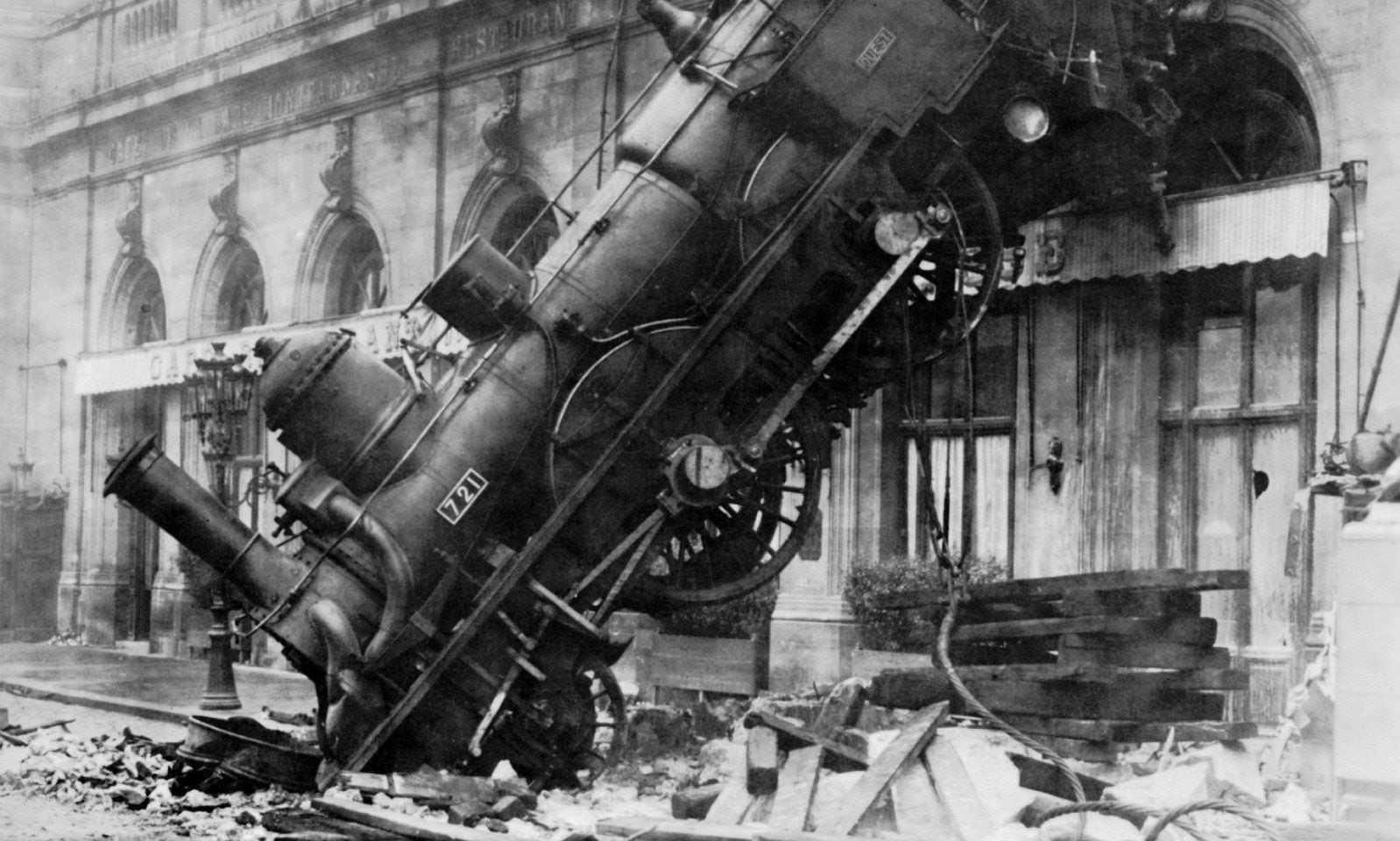 day, wreck, Paris, monochrome, street, train station, building, architecture, built structure, France, no people, obsolete, accidents, steam train, 720P, HD Wallpaper
