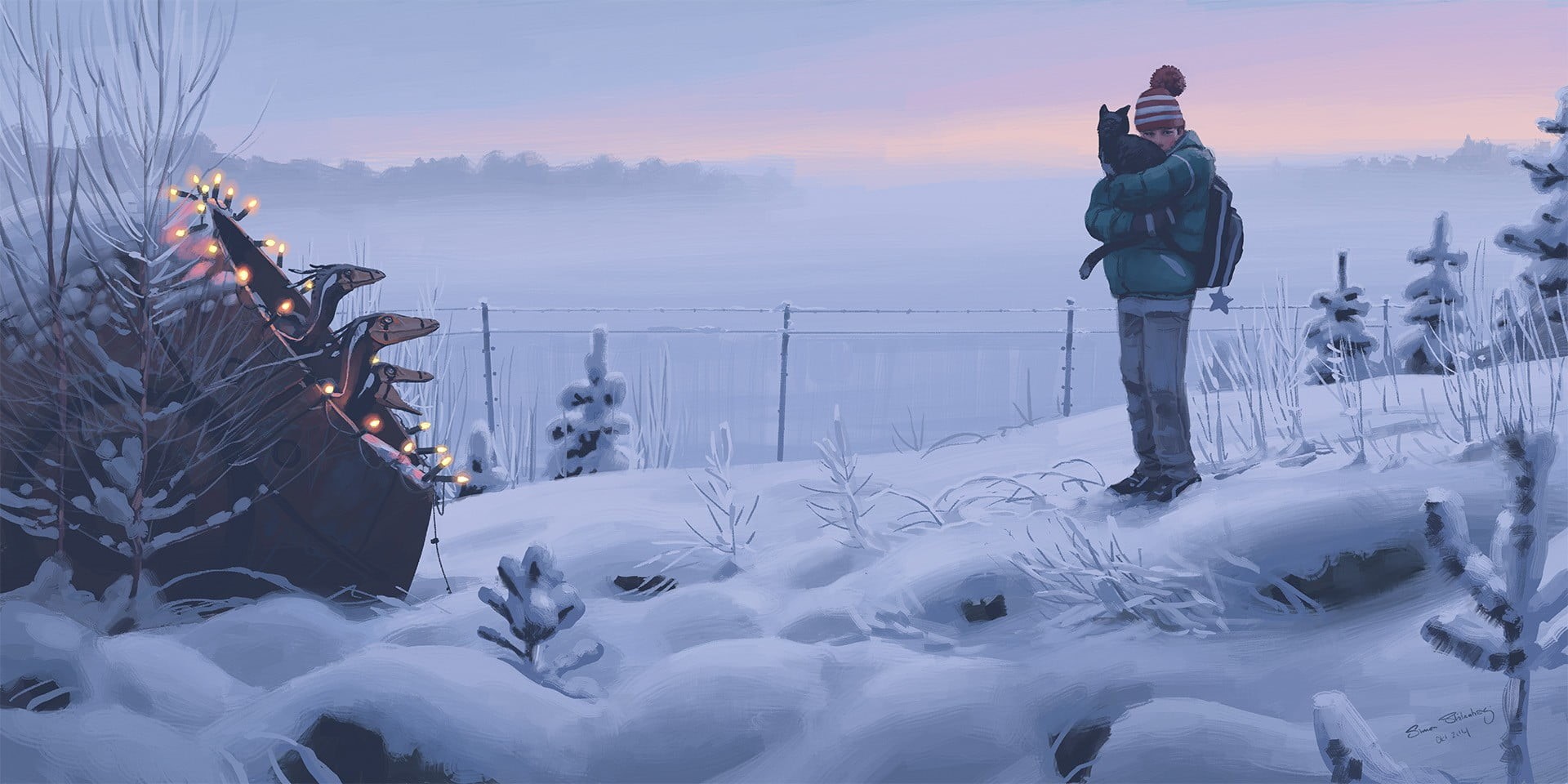 sky, snow, scenics - nature, Simon Stålenhag, tranquility, bubble, land, non-urban scene, covering, warm clothing, lifestyles, nature, white color, grey, HD Wallpaper