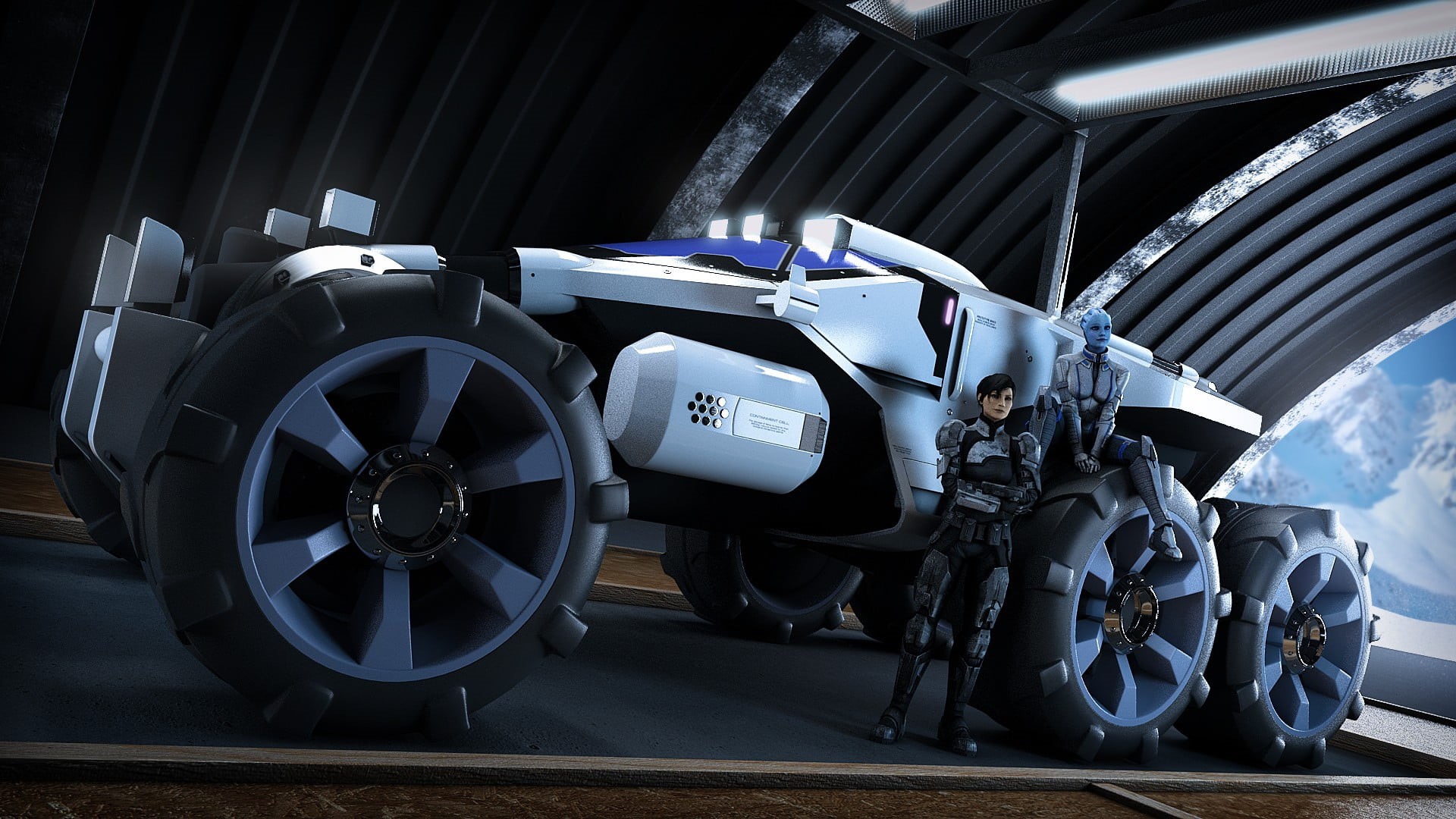 Mass Effect, retro styled, motor vehicle, 1080P, outdoors, truck, garage, transportation, video games, mode of transportation, wheel, built structure, HD Wallpaper