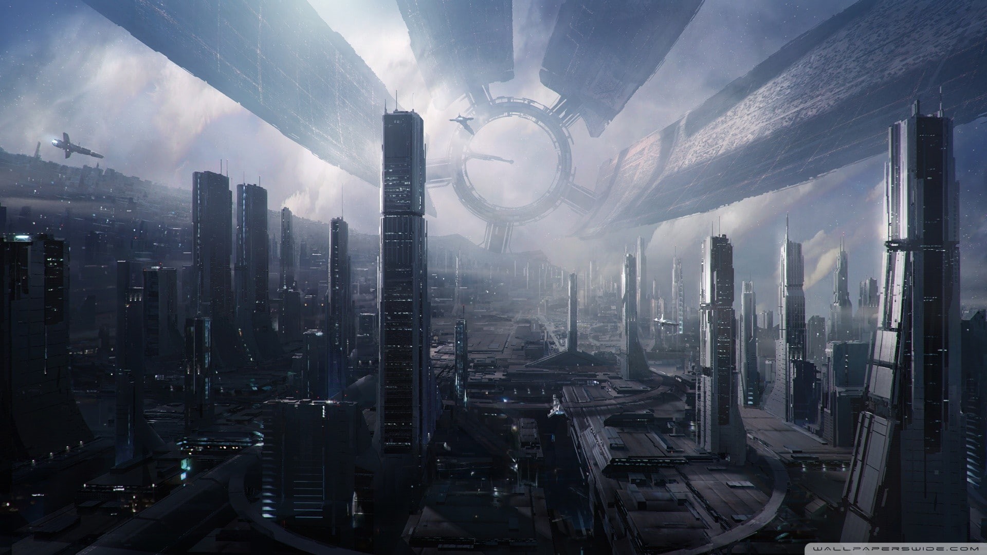 video games, building exterior, modern, tower, landscape, Mass Effect, urban skyline, no people, building, sky, architecture, office building exterior, HD Wallpaper