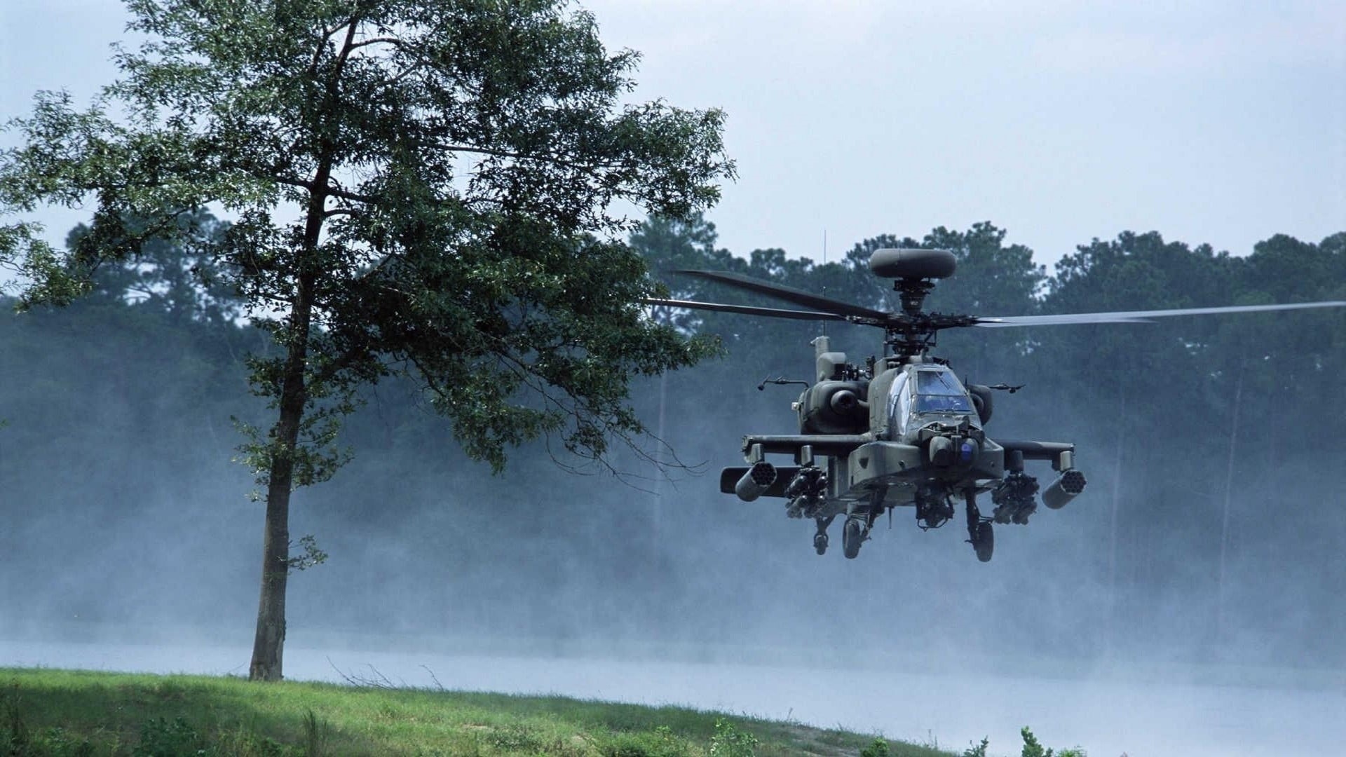 air vehicle, transportation, mid-air, armed forces, plant, outdoors, grey, tree, helicopters, motion, people, aggression, AH-64 Apache, sky, nature, 1080P, HD Wallpaper