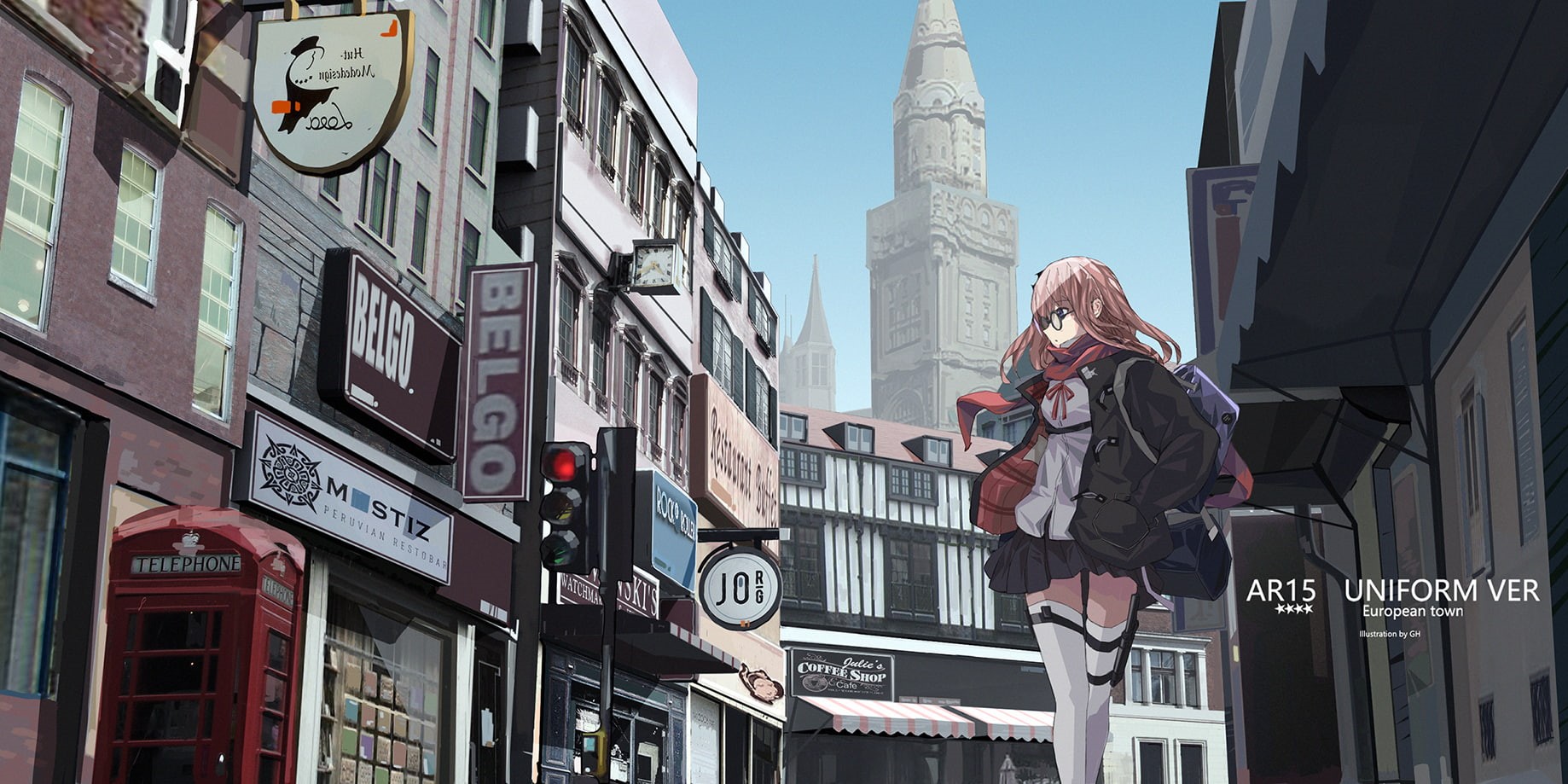day, full length, building, girls with guns, GH, city life, built structure, architecture, communication, AR15 (Girls Frontline), nature, leisure activity, HD Wallpaper