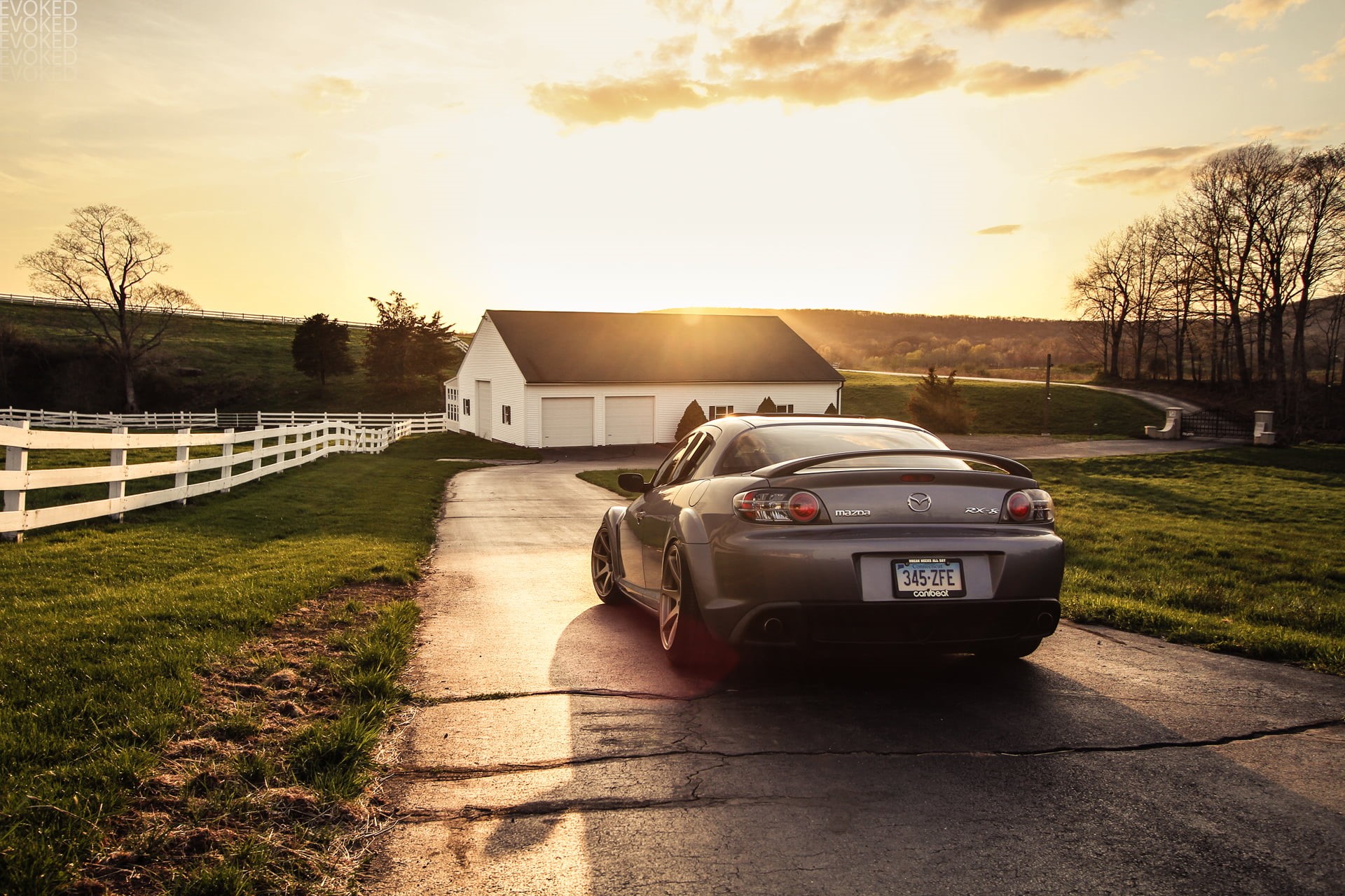 lens flare, sunlight, building exterior, day, plant, Mazda, tree, the way forward, no People, rx-8, rural Scene, sunset, 1080P, rx, road, street, sky, HD Wallpaper