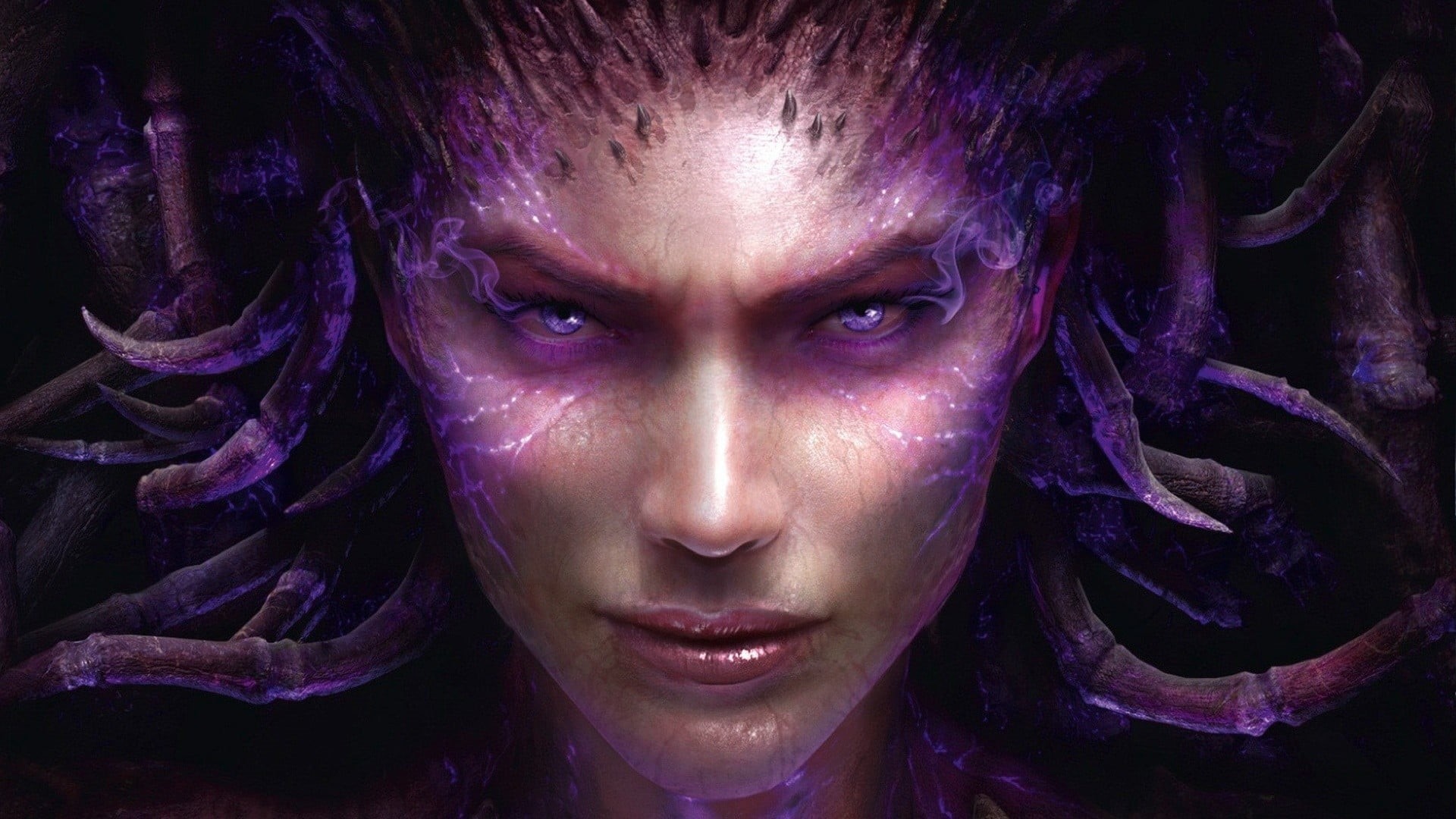 indoors, teenager, face, 1080P, one person, front view, portrait, Queen of Blades, human face, body paint, human body part, dark, aggression, purple, close-up, HD Wallpaper