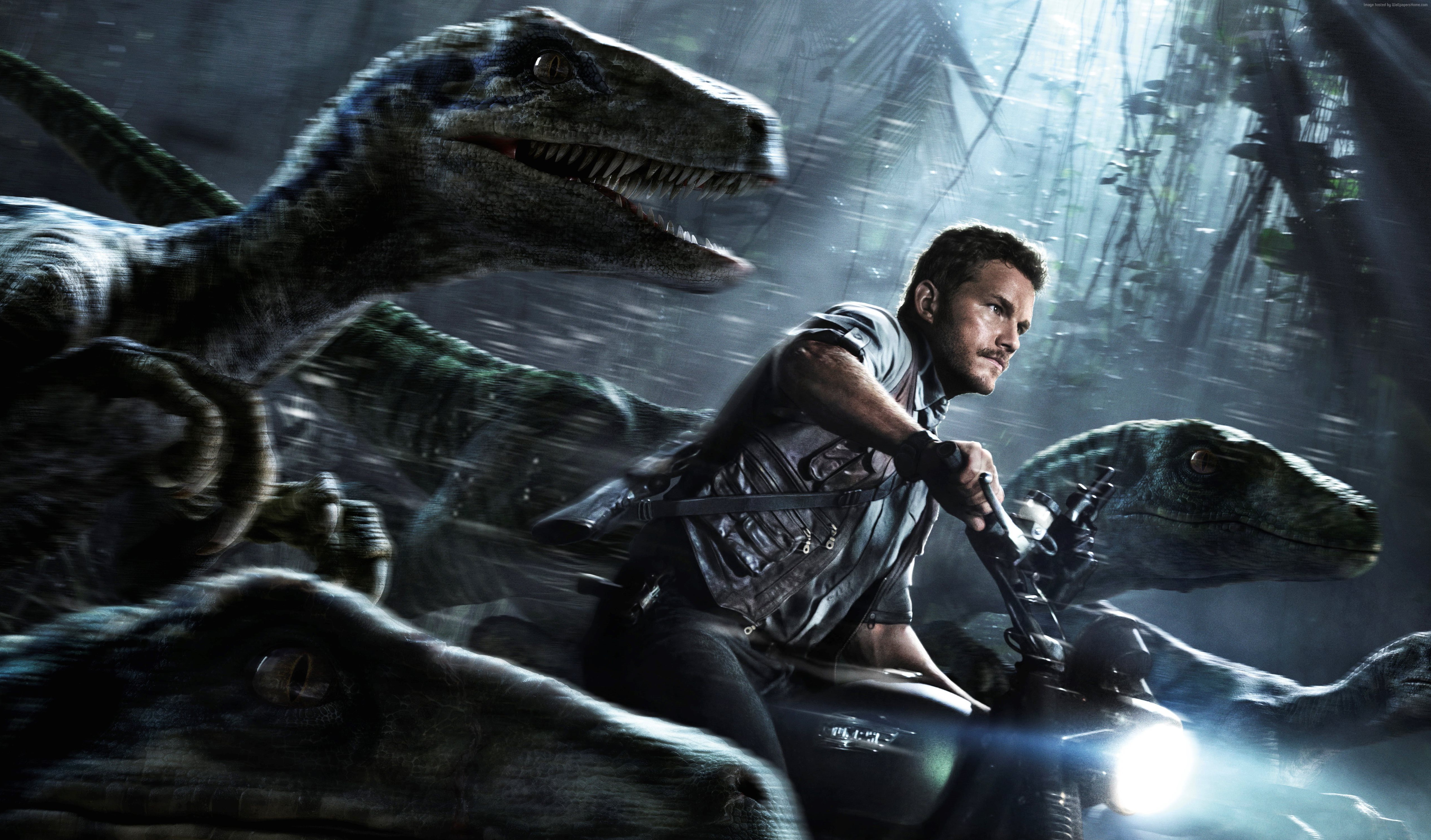 Chris Pratt, 4K, Dinosaurs, Jurassic World, dinosaur, forest, Owen, movie, Best Movies of 2015, HD Wallpaper
