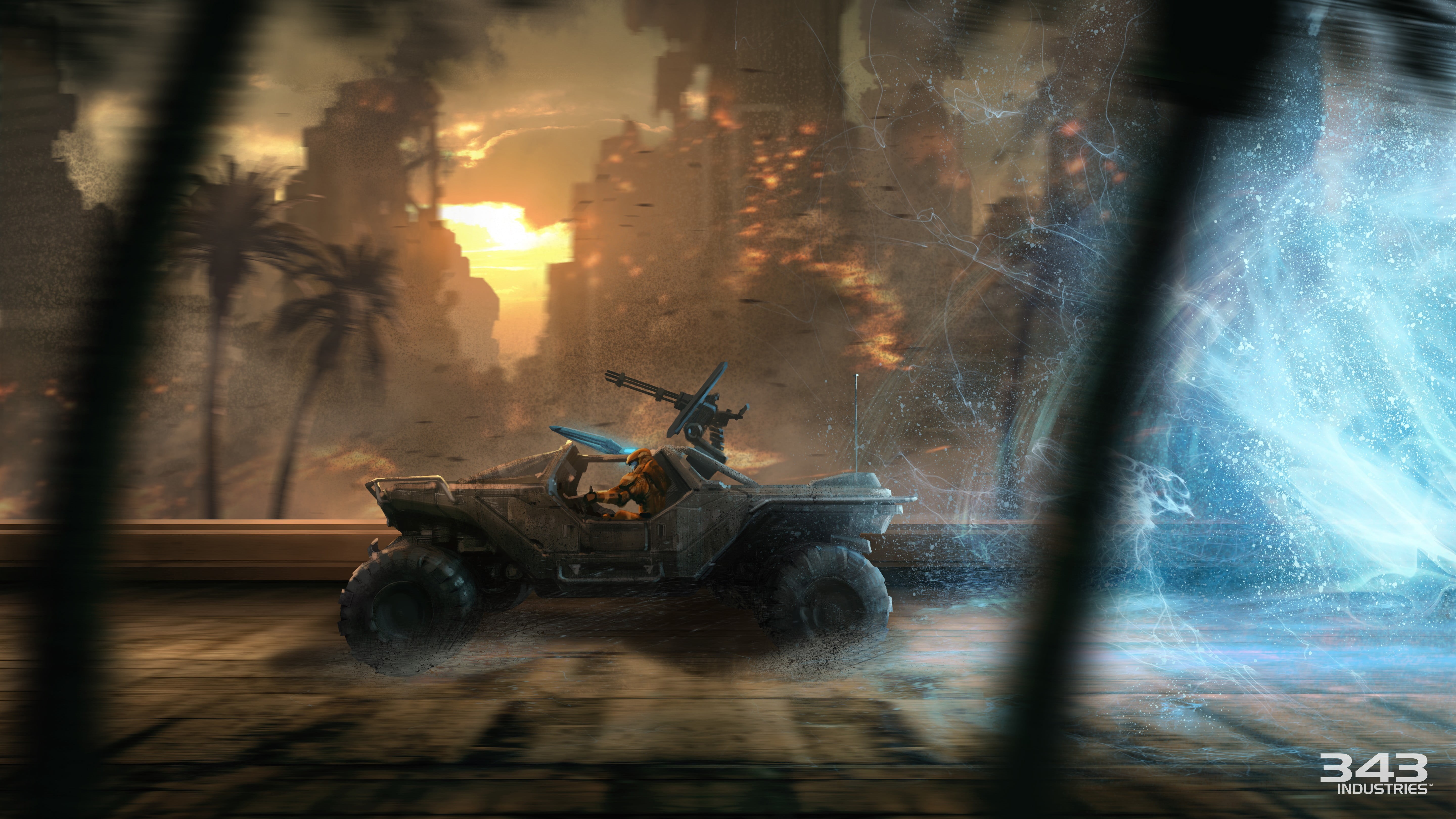 architecture, dust, city, sunset, concept art, construction industry, 5K, Halo, application, motor vehicle, Halo 2, sunlight, road, motion, game, car, HD Wallpaper