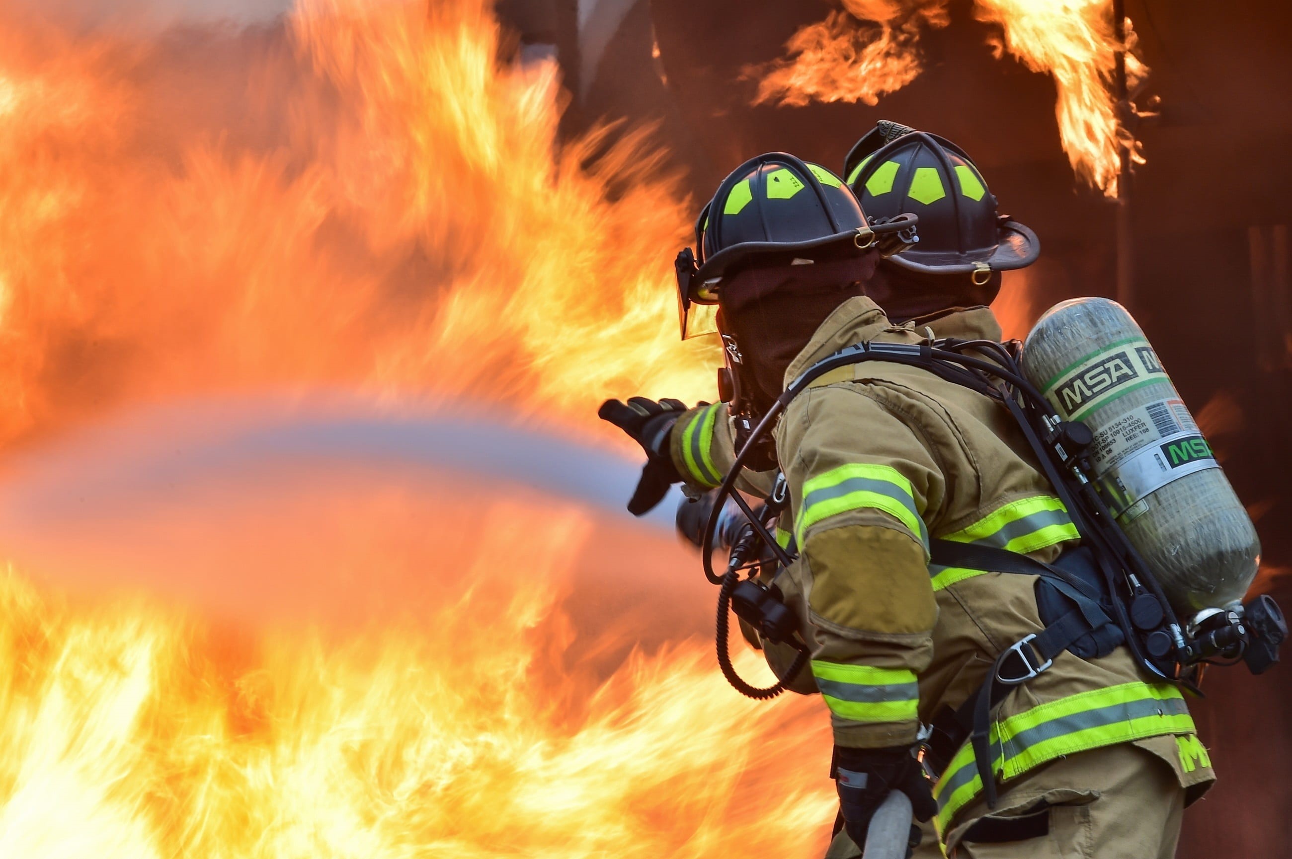 danger, equipment, orange, fire - natural phenomenon, nozzle, live, occupation, firefighters, warning sign, practice, protective workwear, fire, controlled, HD Wallpaper