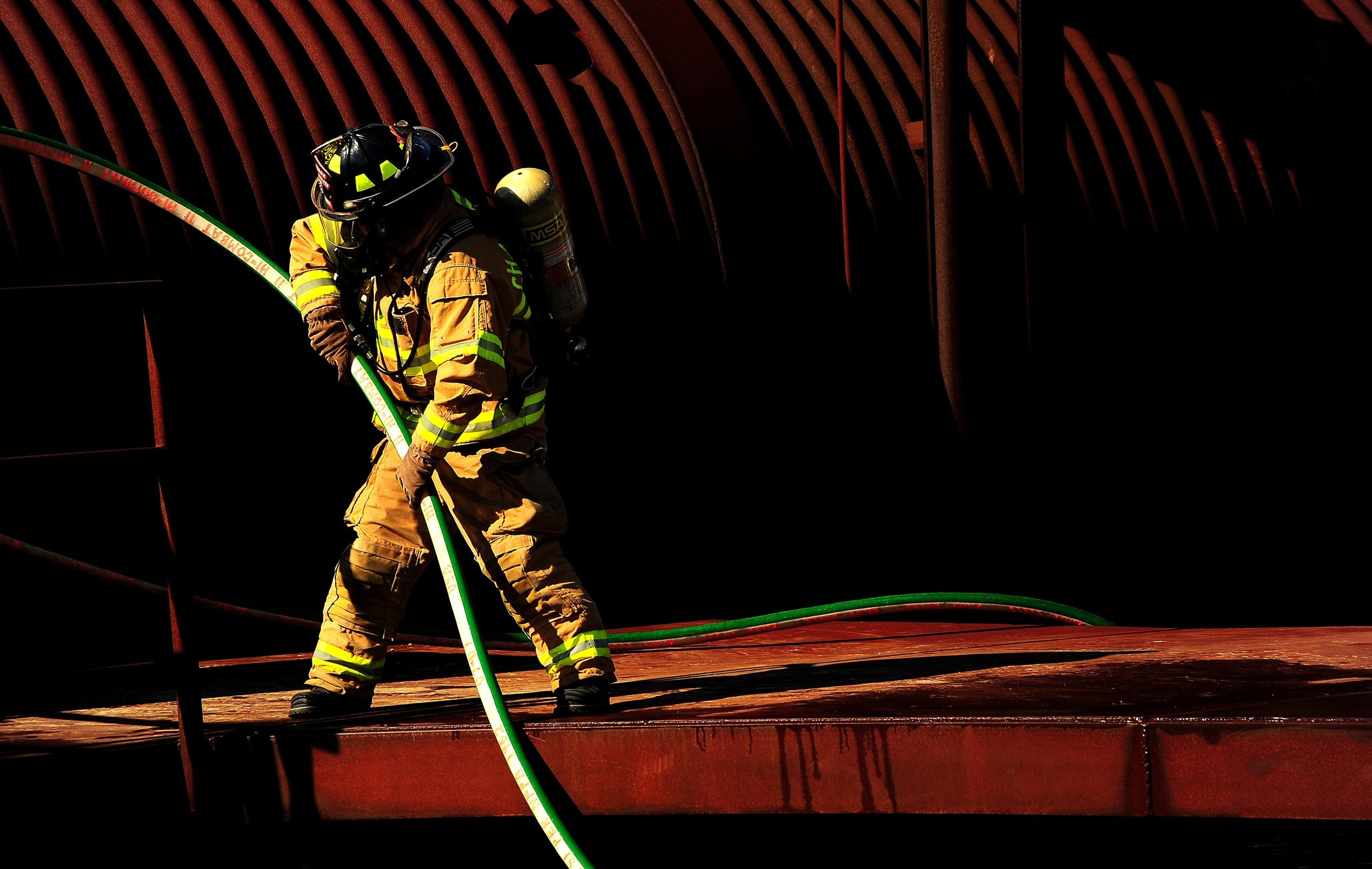 occupation, nozzle, job, live, clothing, headwear, standing, real people, working, 1080P, safety, equipment, service, hose, full length, green, firefighter, HD Wallpaper