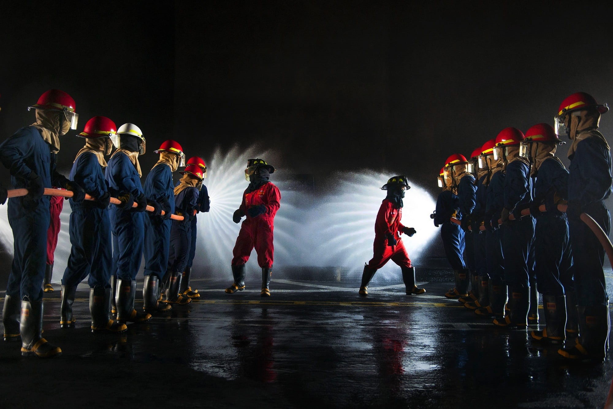 service, spray, sport, blue, in a row, danger, outdoors, illuminated, rear view, equipment, performance, job, motion, practice, two, night, lines, firefighters, HD Wallpaper