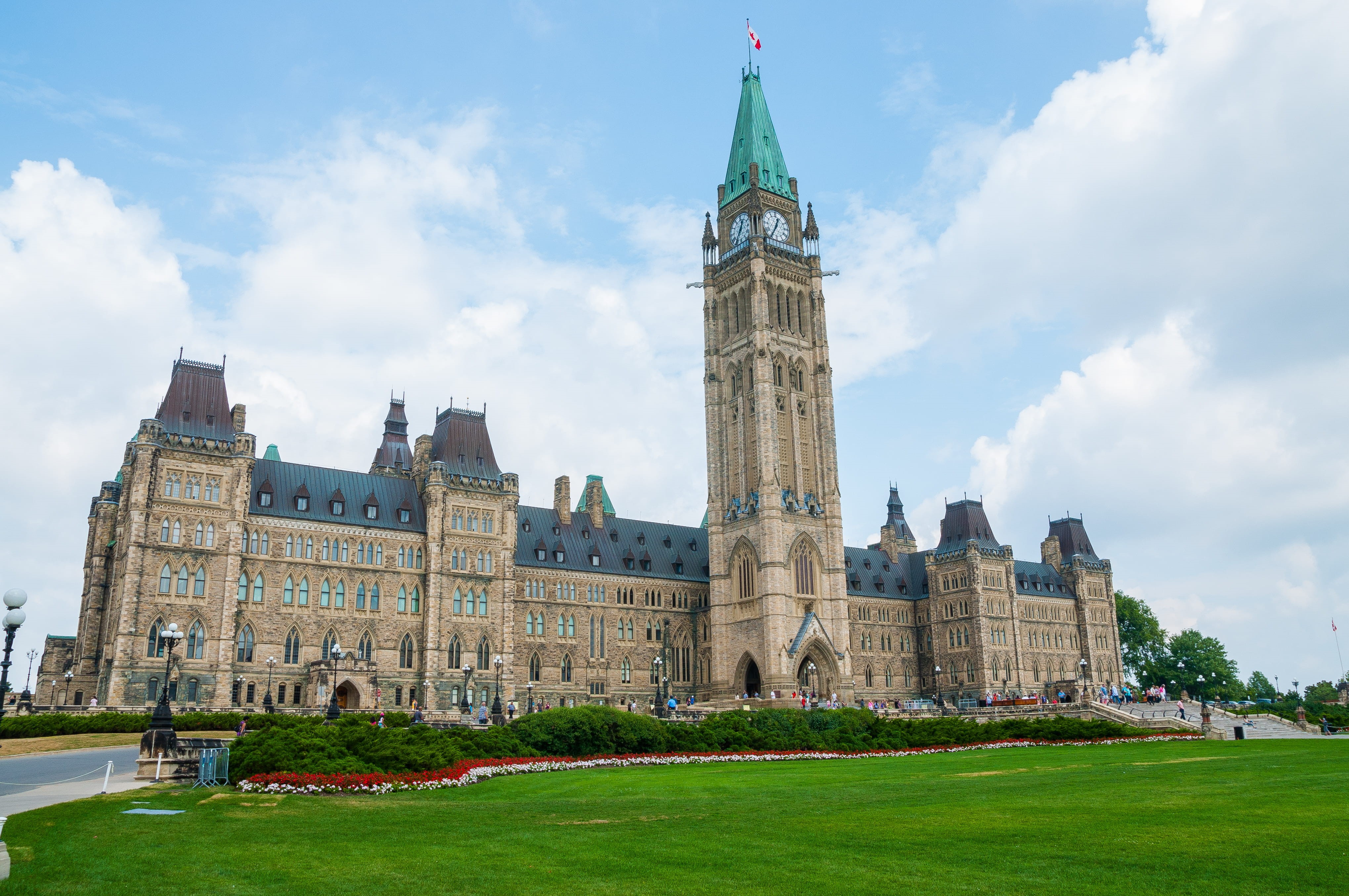 outdoors, building, history, tower, city, cloud - sky, ottawa, low angle view, parliament hill, nature, built structure, clock, sky, plant, lawn, no people, HD Wallpaper