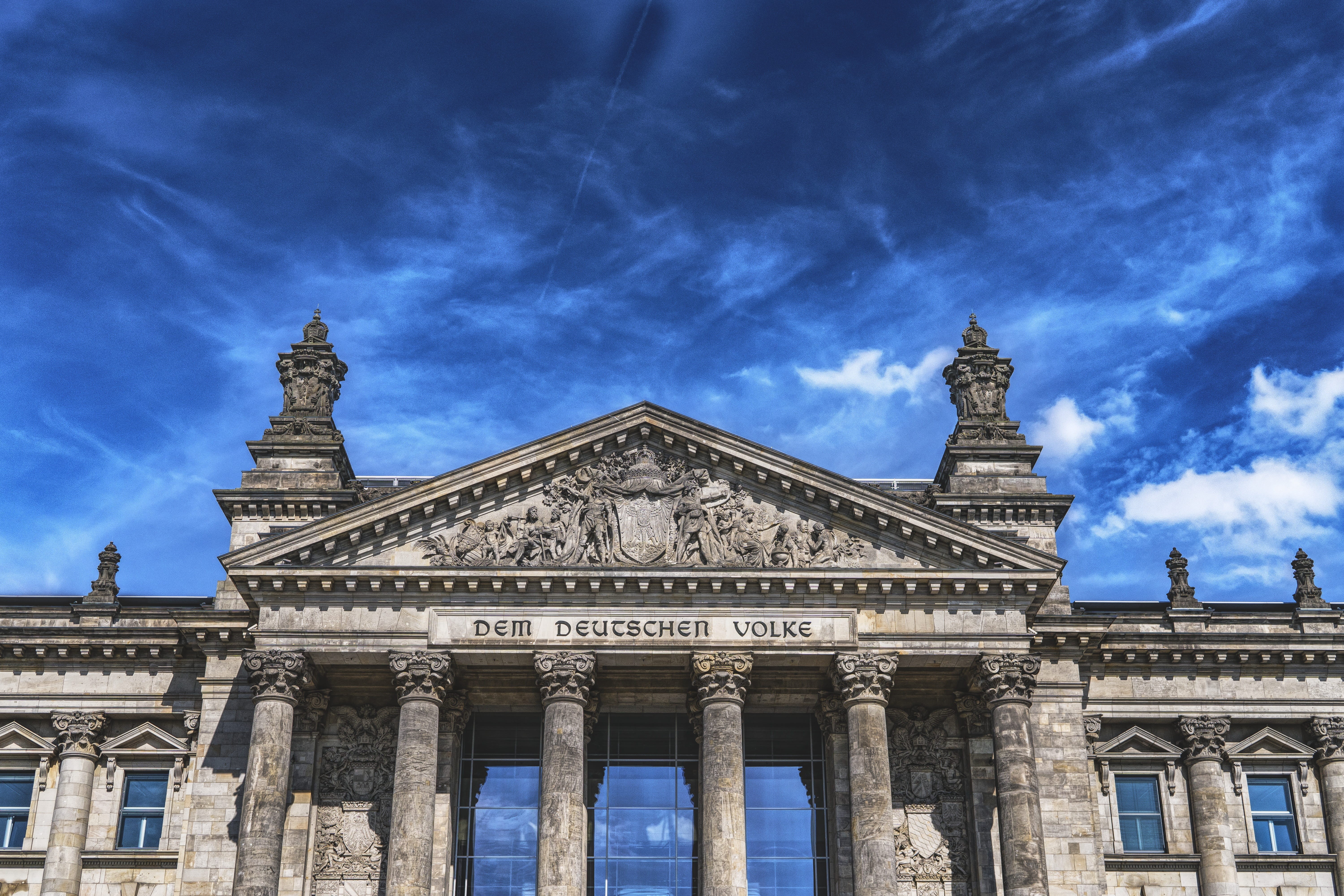 day, sculpture, germany, art and craft, dramatic, architectural column, building, parliament, dem, government buildings, history, landmark, clouds, the past, HD Wallpaper