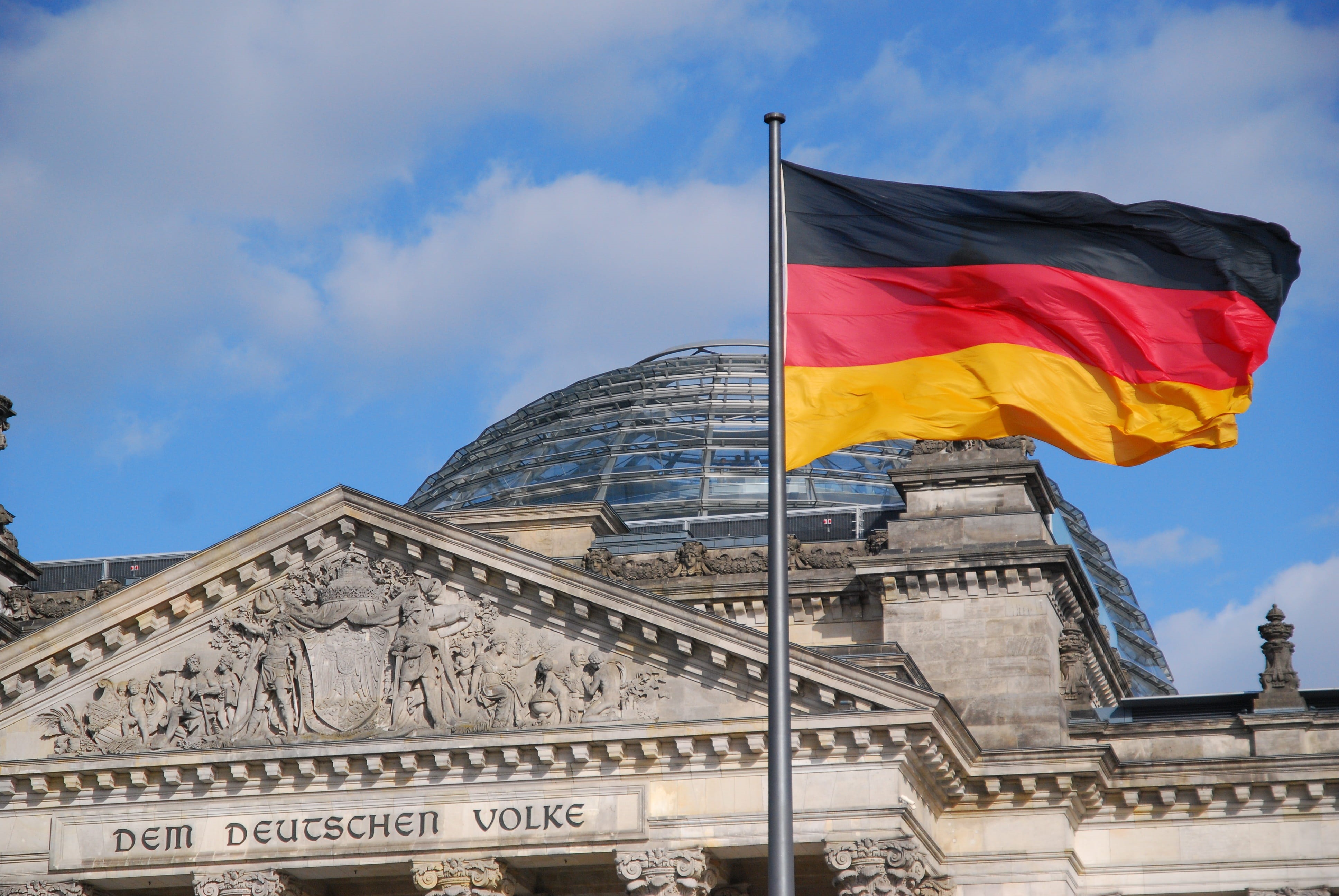 nature, building, facade, city, black red gold, reichstag, waving, politics, gold, pole, building exterior, beside, blue sky, red, outdoors, policy, germany flag, HD Wallpaper