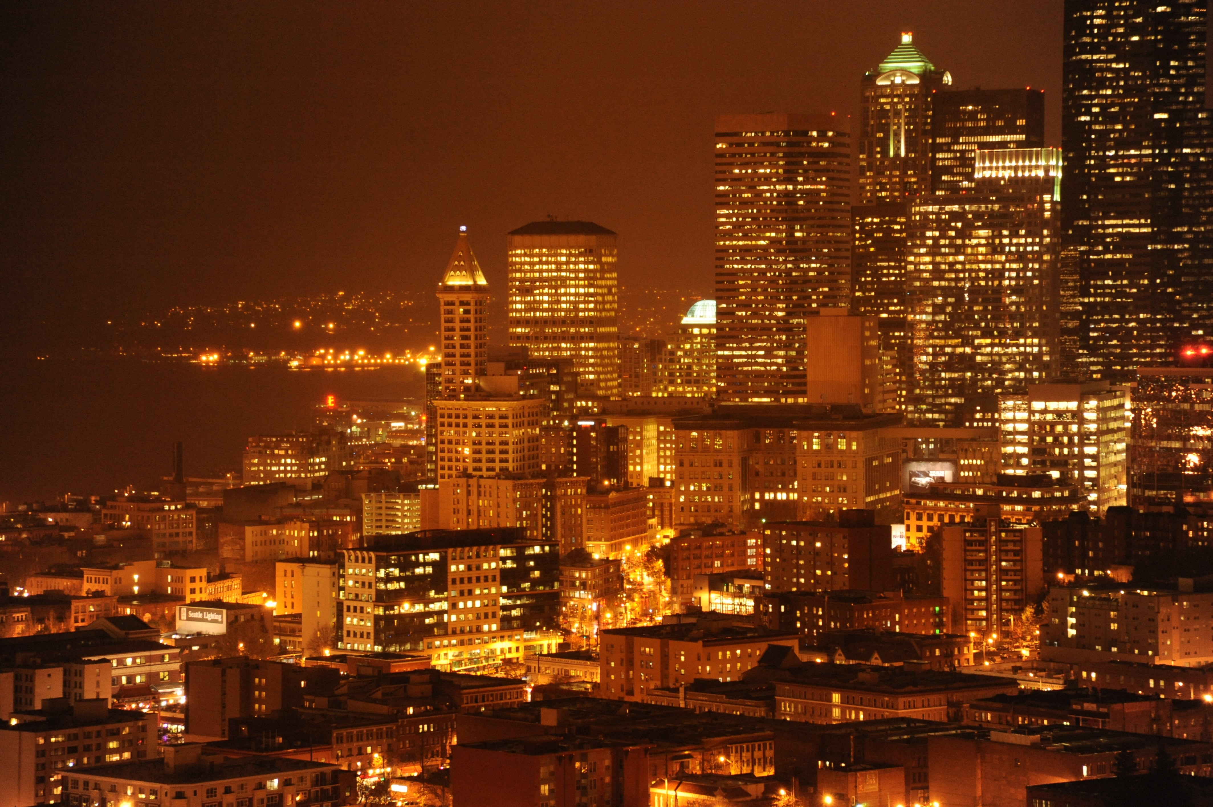 4K, washington, city, built Structure, city building, sunset, amazon.com, cityscape, night, cars, Glowing, attractive, 13th, Seattle  Washington, fire, HD Wallpaper