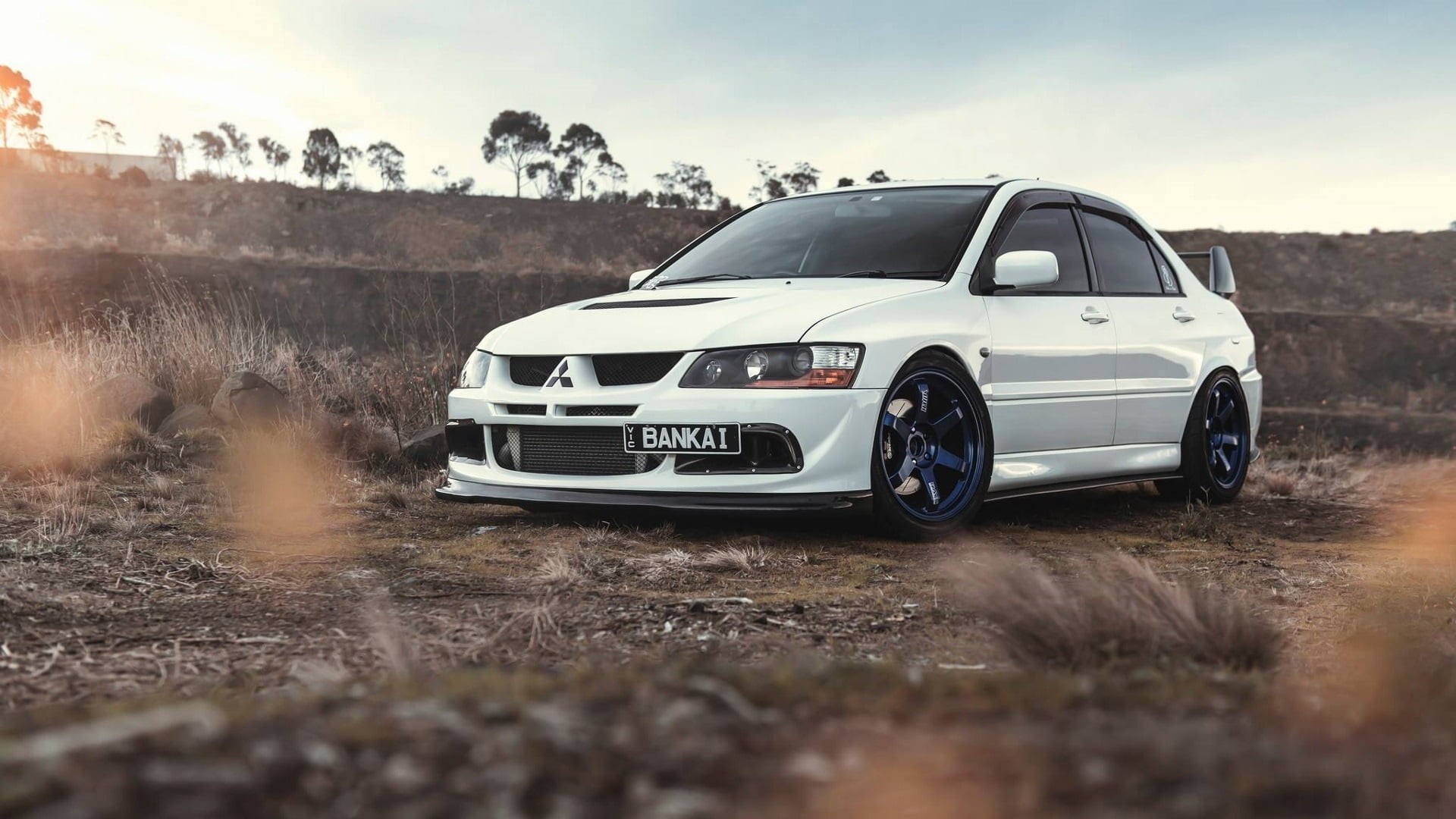 Mitsubishi, trees, Japanese cars, white cars, Mitsubishi Evolution, 1080P, JDM, Mitsubishi Lancer EVO, grass, HD Wallpaper