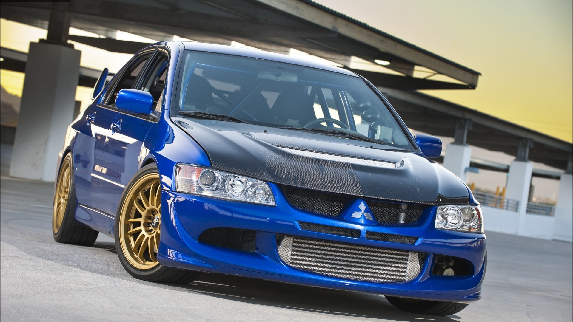 freight transportation, outdoors, Mitsubishi Lancer, shadow, reflection, architecture, car, blue, sunlight, transportation, stationary, Mitsubishi Lancer Evolution IX, HD Wallpaper