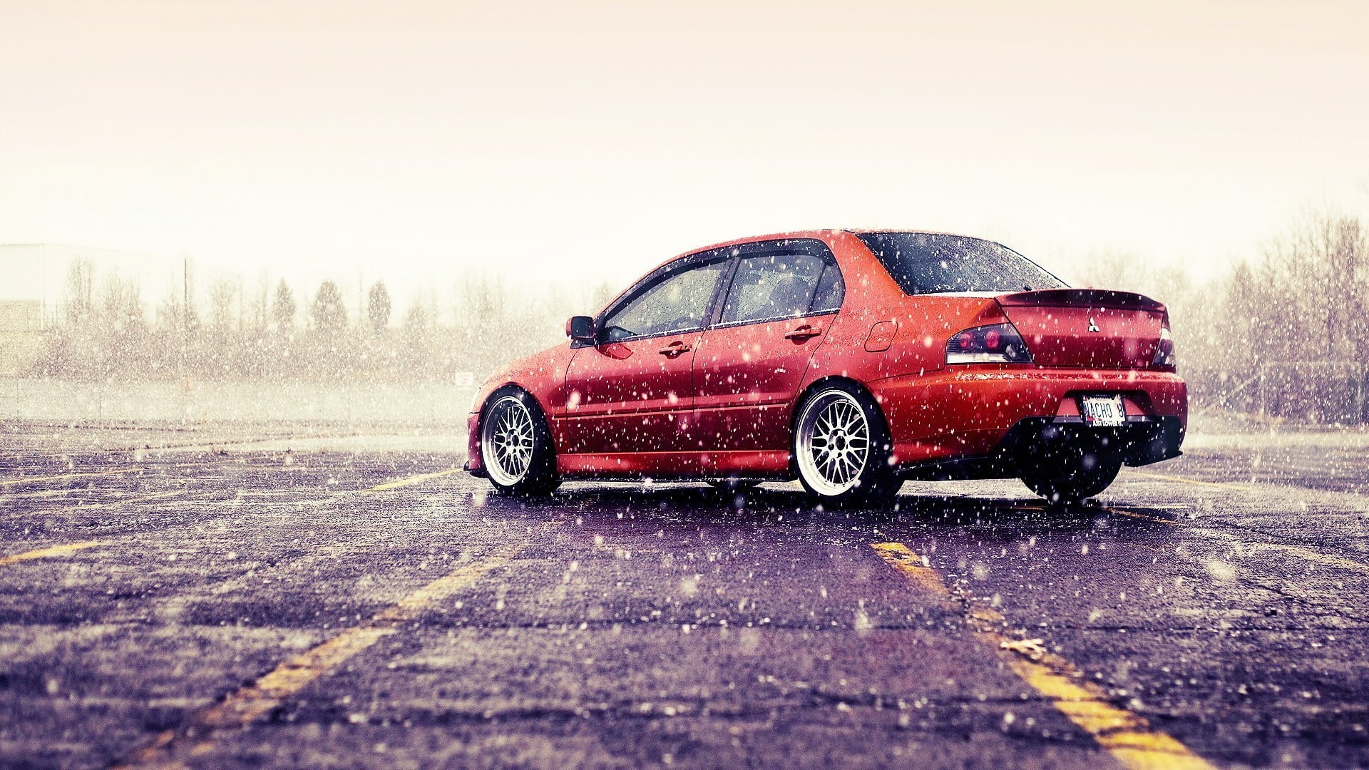 transportation, ex, day, no people, wet, rain, land vehicle, Mitsubishi, red, 1080P, cold temperature, snow, Mitsubishi Lancer Evo IX, snowing, Mitsubishi Lancer, HD Wallpaper