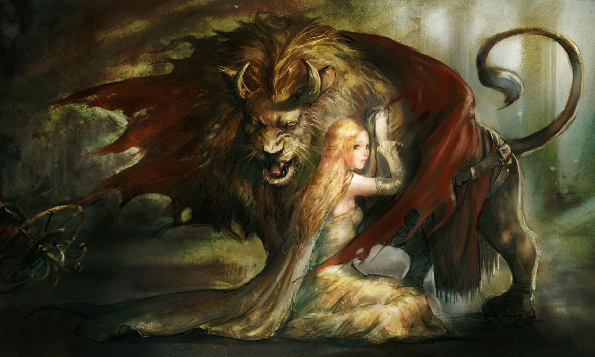 protecting, princess, woman fantasy, beast, drawing, 1080P, lion, 3d and abstract, HD Wallpaper