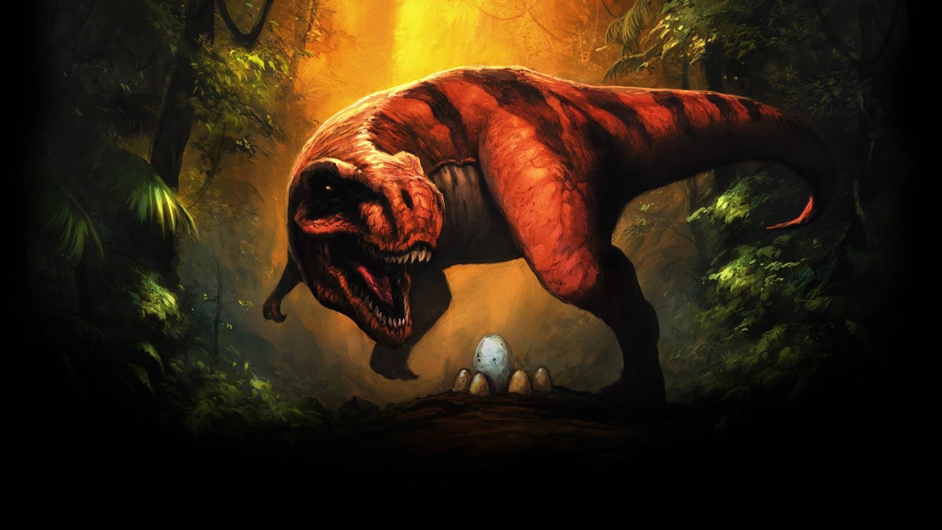 dinosaurs, Tyrannosaurus rex, 1080P, sunlight, mammal, plant, animal, canine, tree, painting, brown, no people, nature, outdoors, protecting, dog, motion, HD Wallpaper