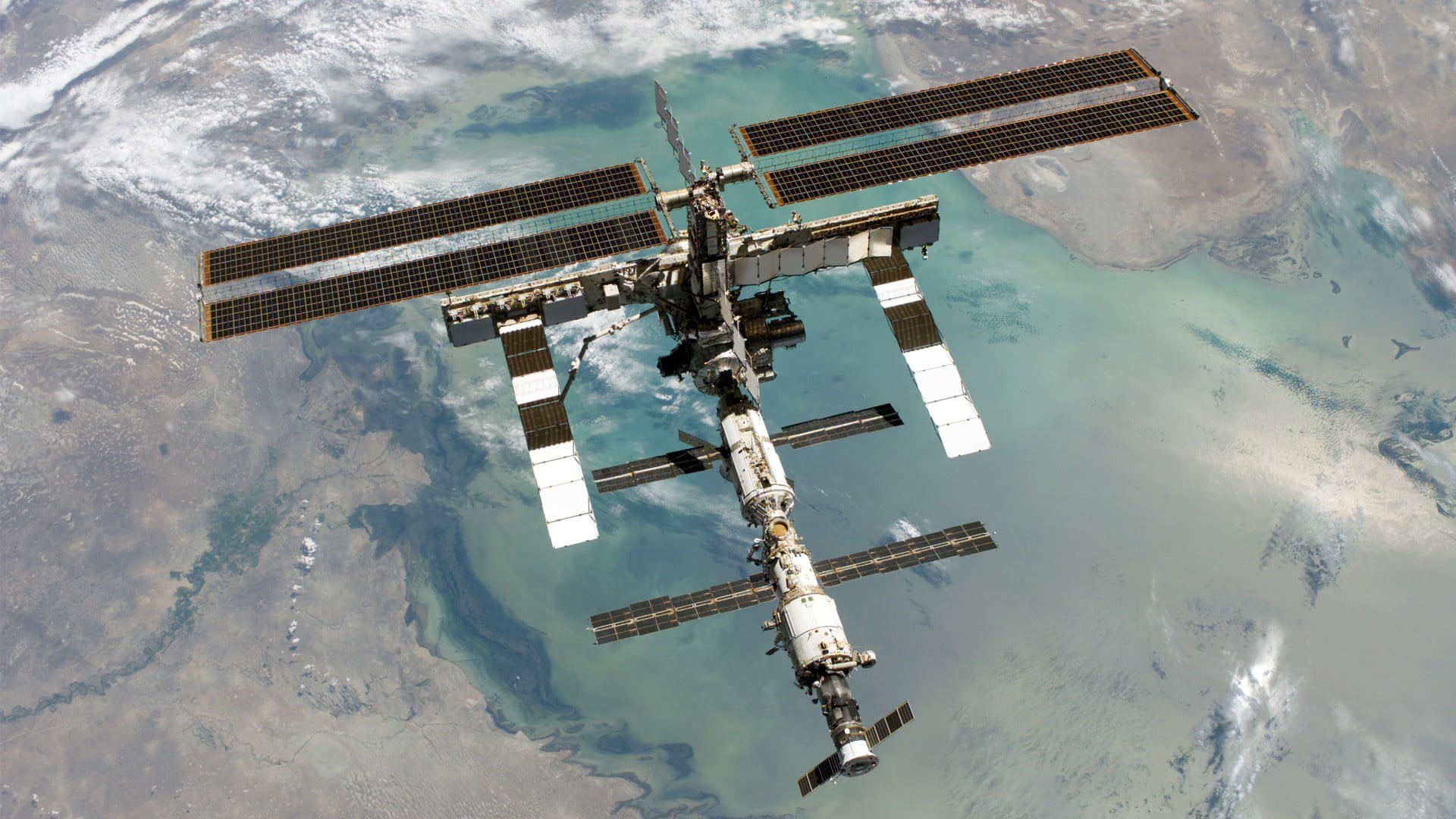 Earth, architecture, outdoors, no people, sky, reflection, travel, solar panel, ISS, water, transportation, space, mode of transportation, digital composite, HD Wallpaper