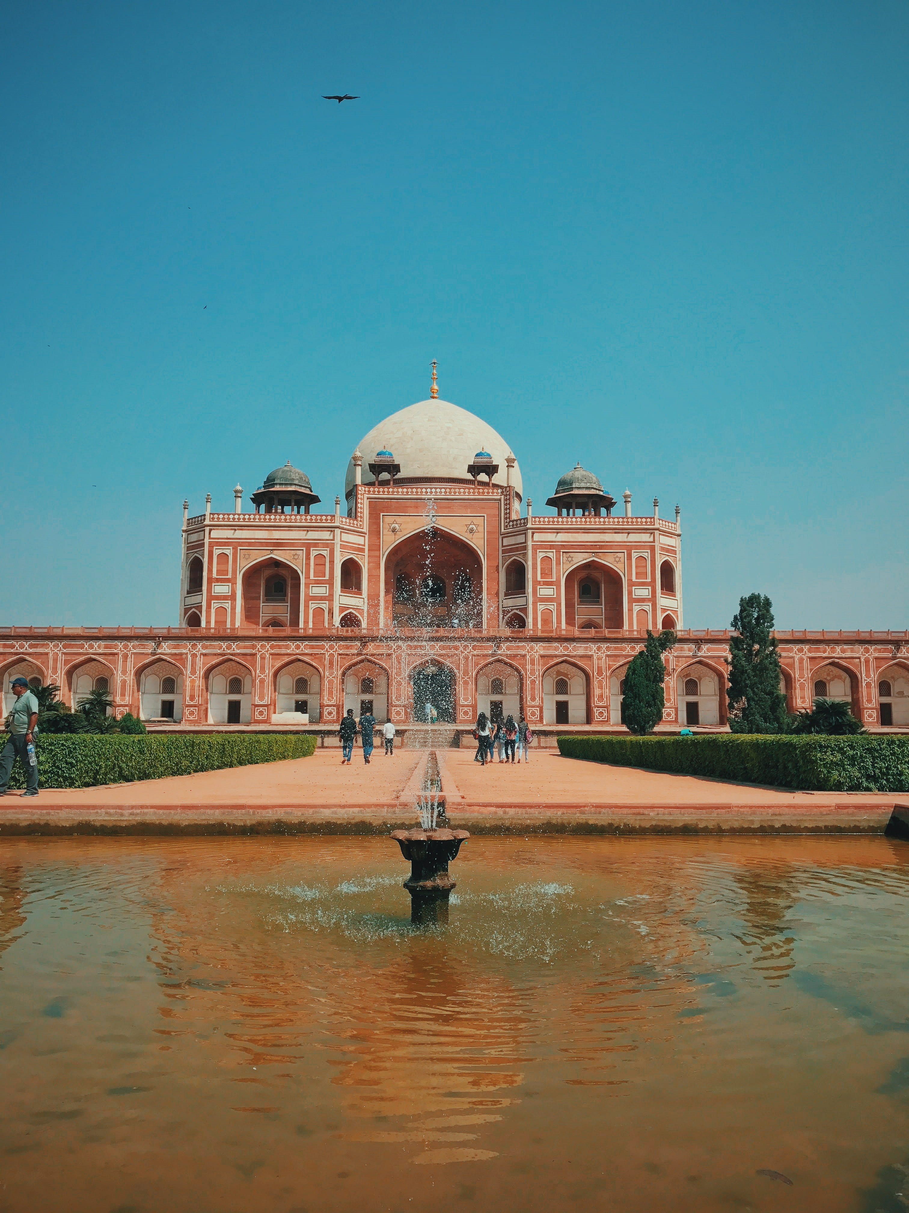 old, dome, day, history, ancient, reflection, blue skies, water, travel destinations, architecture, delhi, clear sky, 4K, waterfront, travel, built structure, Phone HD Wallpaper