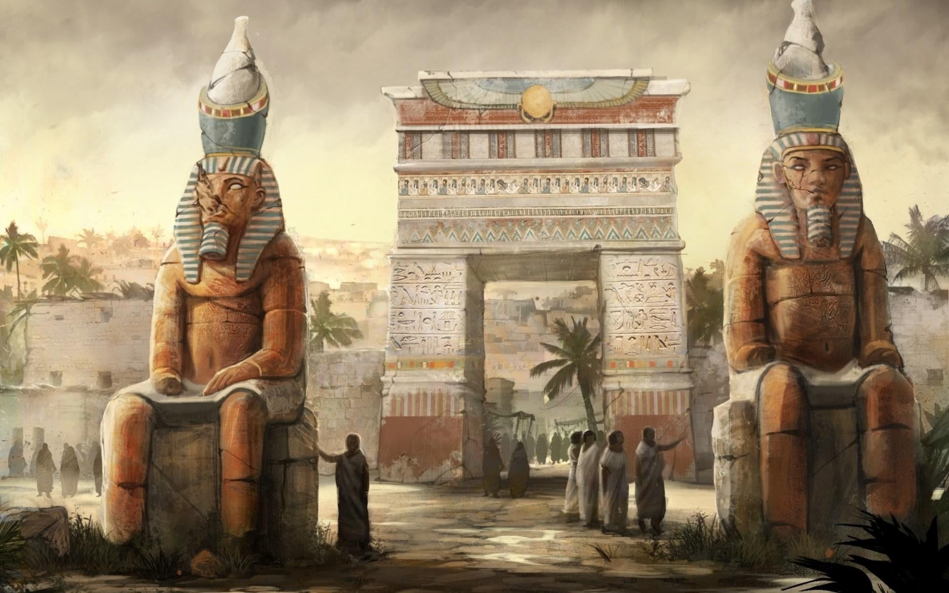 artwork, religion, representation, Egyptian, male likeness, hieroglyphics, travel destinations, palm trees, people, belief, art and craft, Egypt, city, HD Wallpaper