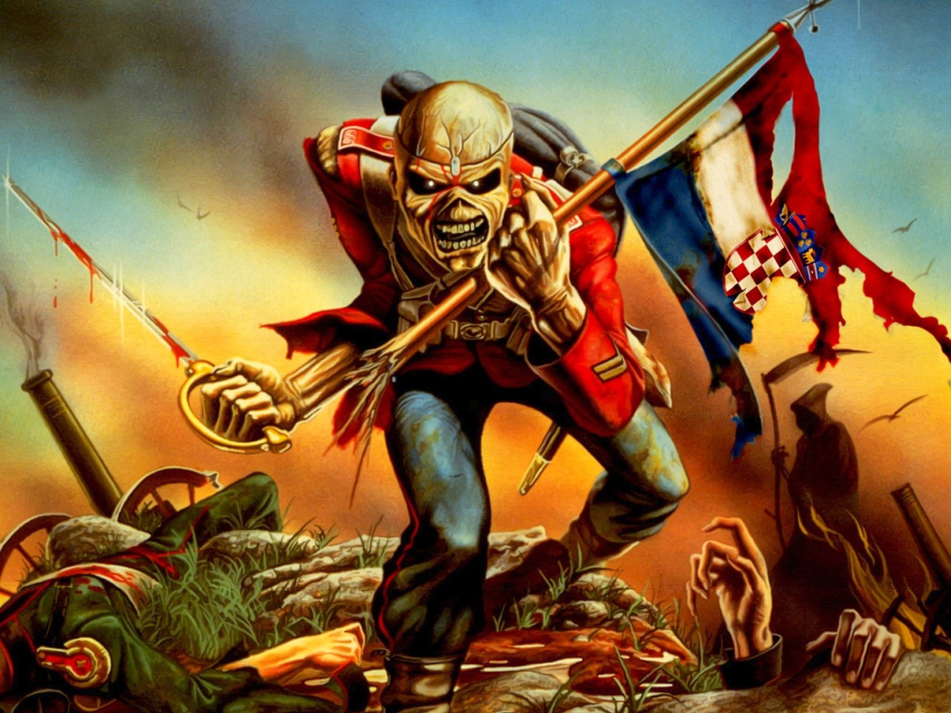 1080P, digital, sword, flag, saber, holding, croatia, skeleton, Iron Maiden, Band (Music), HD Wallpaper