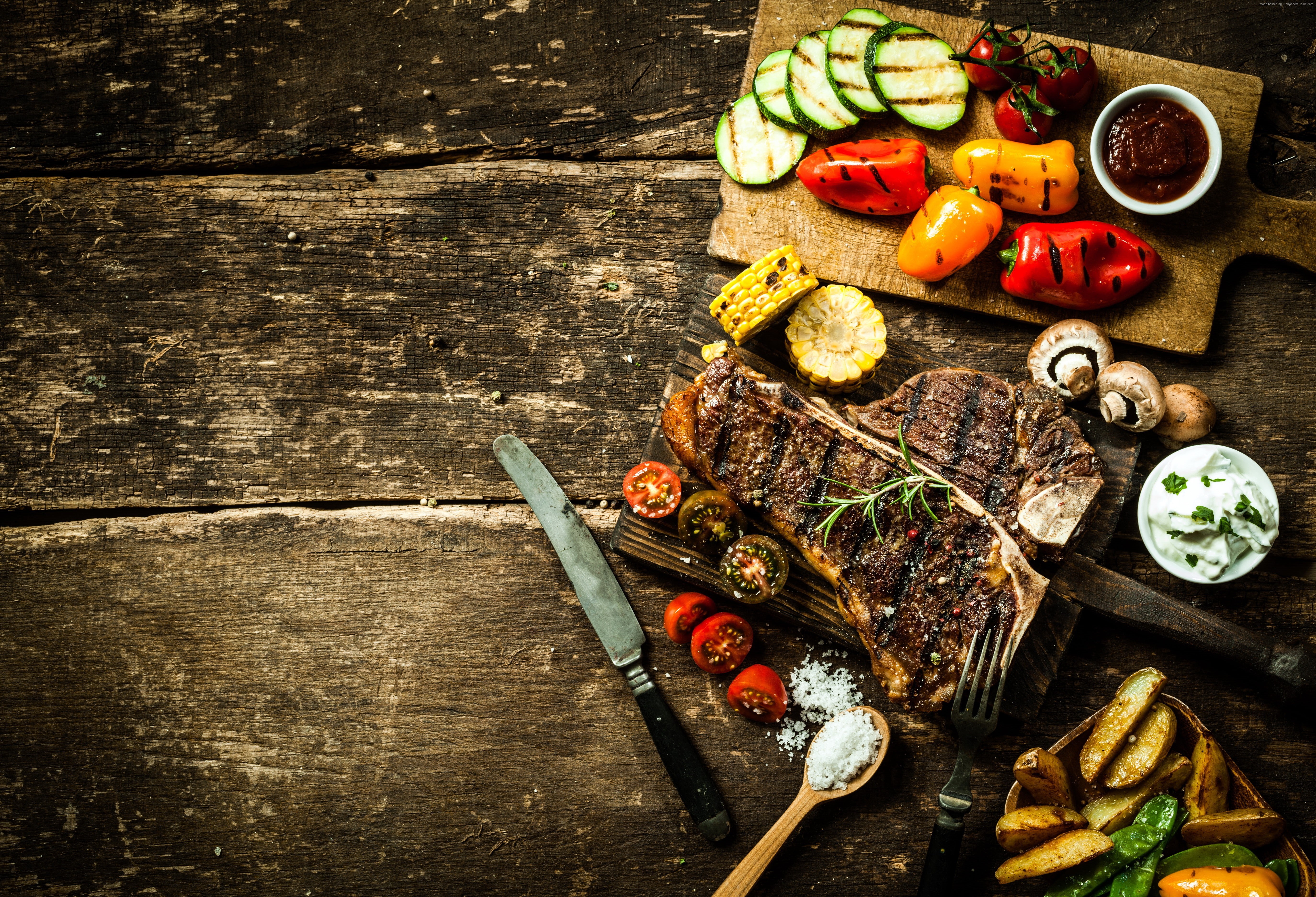 vegetables, food, sauces., tomatoes, peppers, 5K, steak, corn, meat, cooking, grill, mushrooms, potatoes, HD Wallpaper