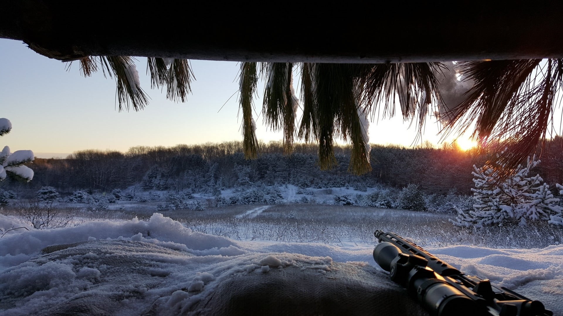 covering, land, frozen, winter, sniper rifle, cold temperature, plant, field, beauty in nature, no people, nature, ice, black, rifle, tranquility, sky, HD Wallpaper