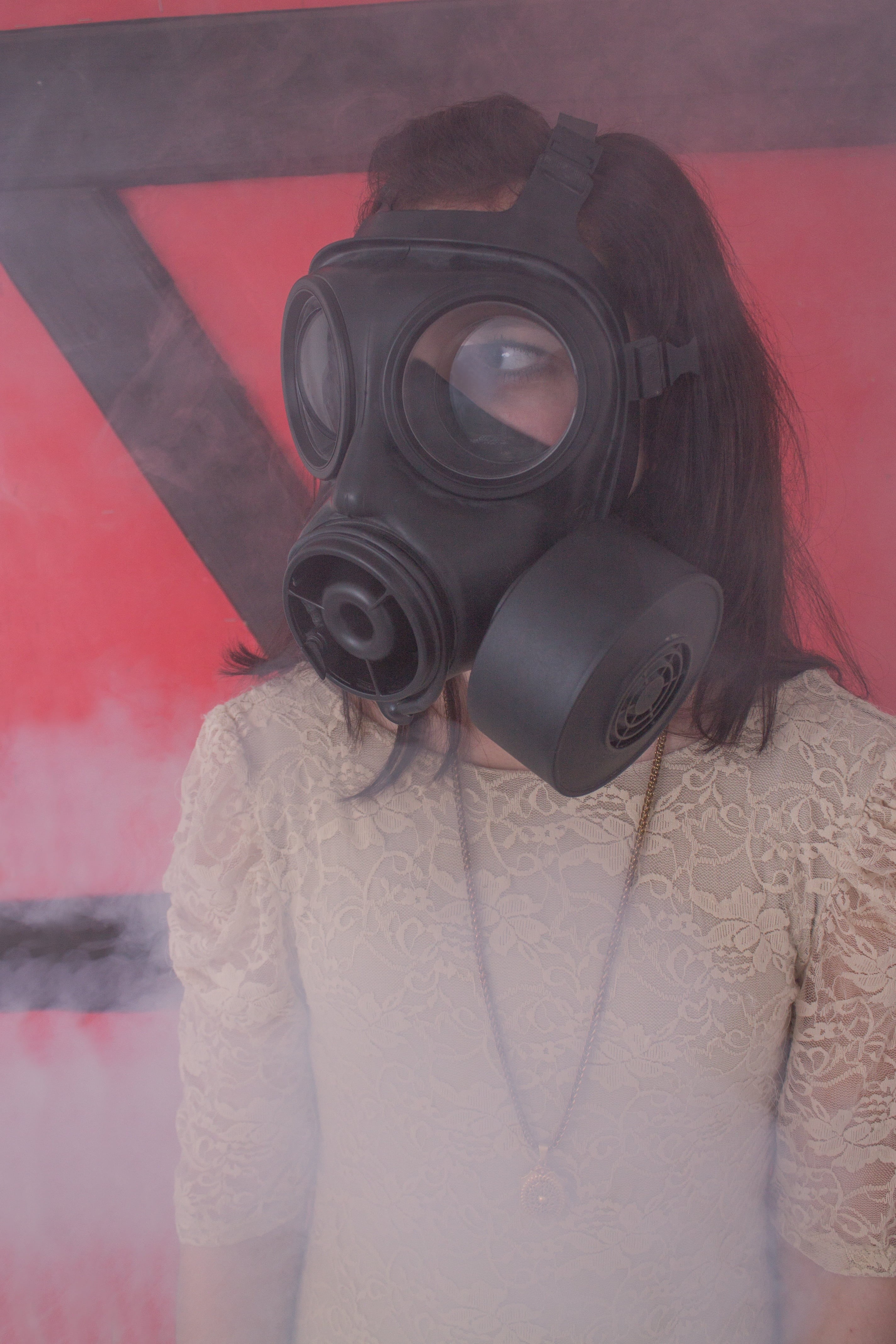 white color, dress, standing, unrecognizable person, mask, obscured face, hairstyle, human face, waist up, abc-attack, lifestyles, wearing, woman, gas mask, Phone HD Wallpaper
