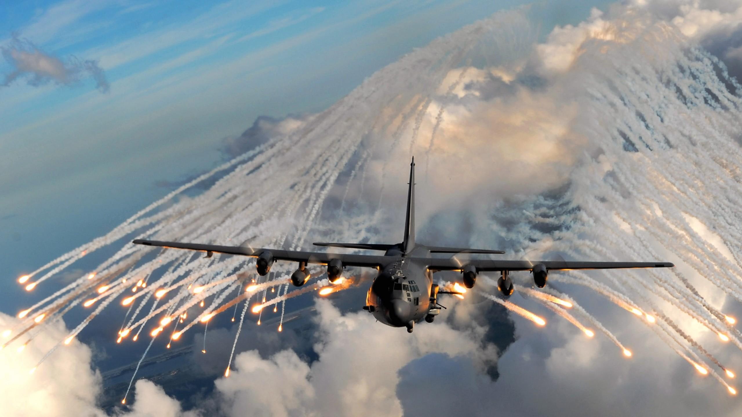 1080i, flares, aircraft p, modern warfare, lockheed, plane, military, 2K, aircraft, ac, ac-130, clouds, 1080p, HD Wallpaper