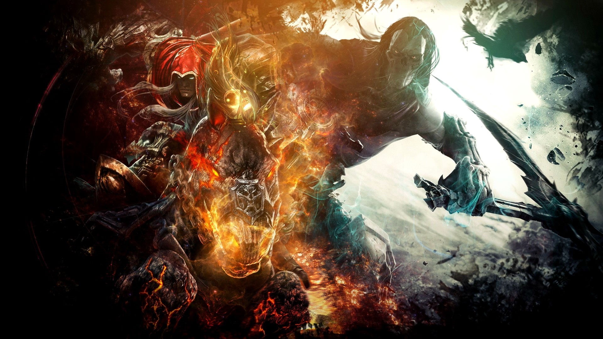 Darksiders, digital composite, indoors, water, activity, creativity, fire, red, 1080P, no people, digital, gray, abstract, flame, smoke - physical structure, HD Wallpaper