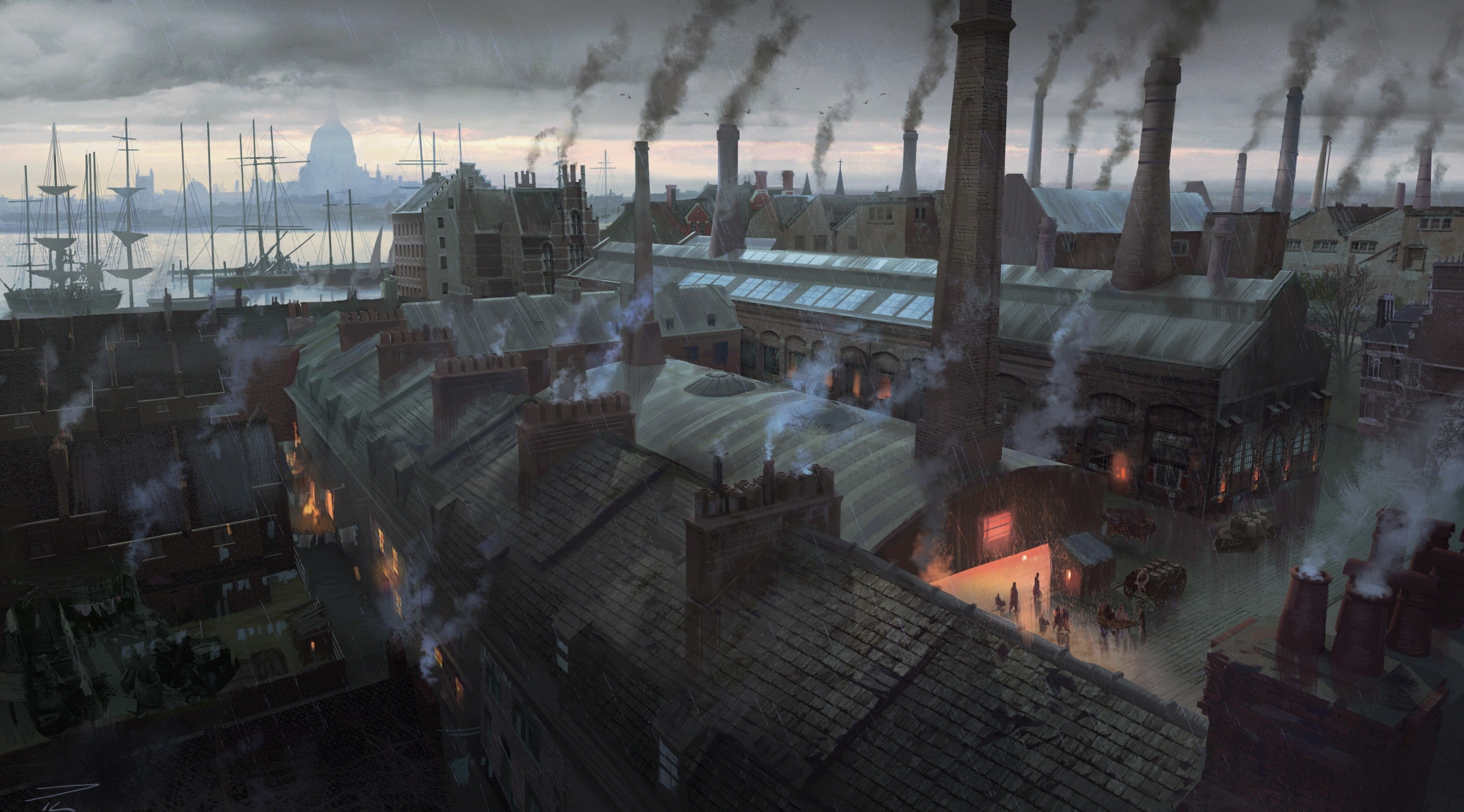 building, sky, day, smoke - physical structure, Southwark, videogame, IndustrialRevolution, assassins, creed, 2015, no people, travel destinations, Game, HD Wallpaper
