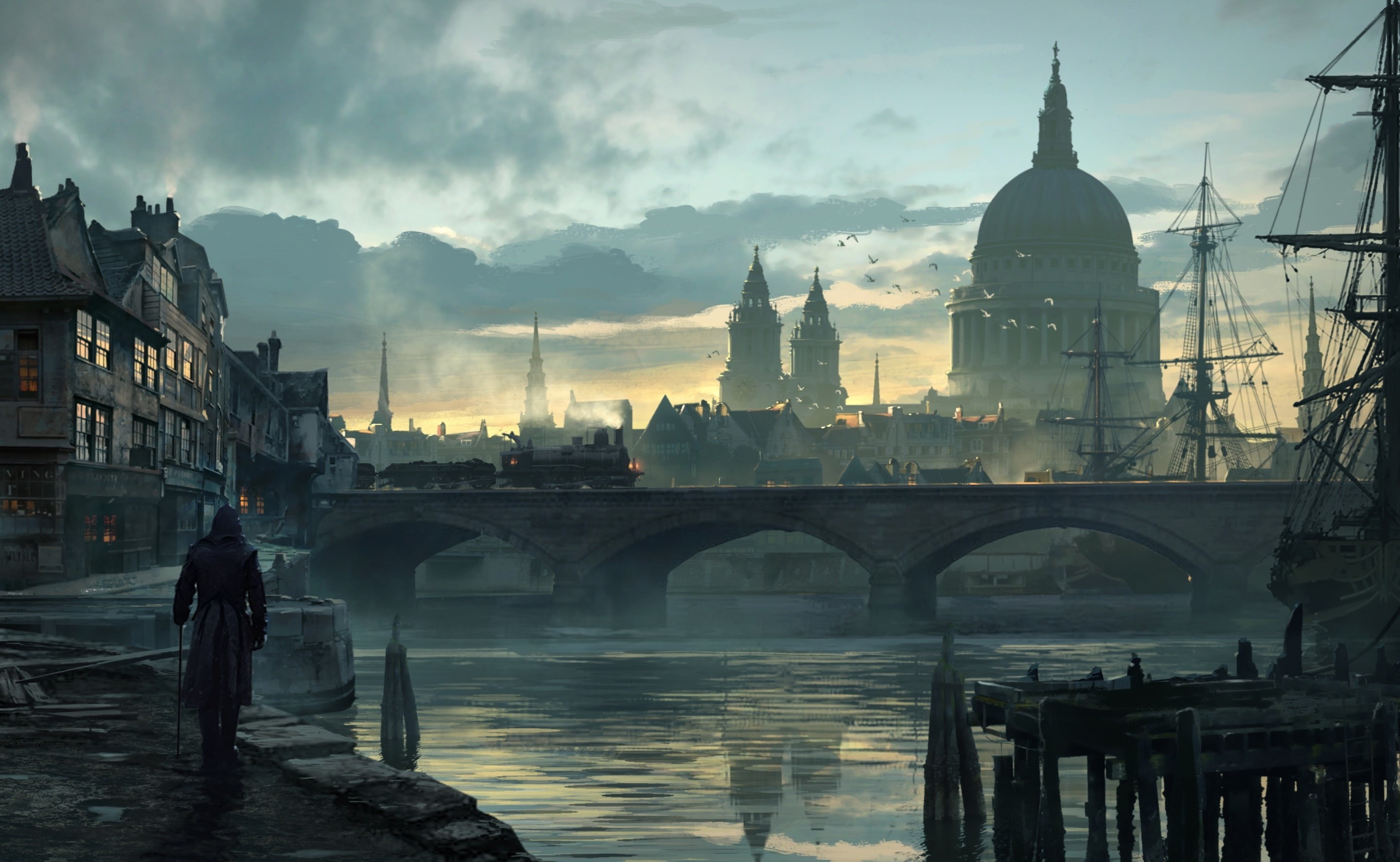  city, river, sky, built structure, London, 2015, place of worship, Game, connection, Assassins Creed, arch bridge, building exterior, conceptart, HD Wallpaper