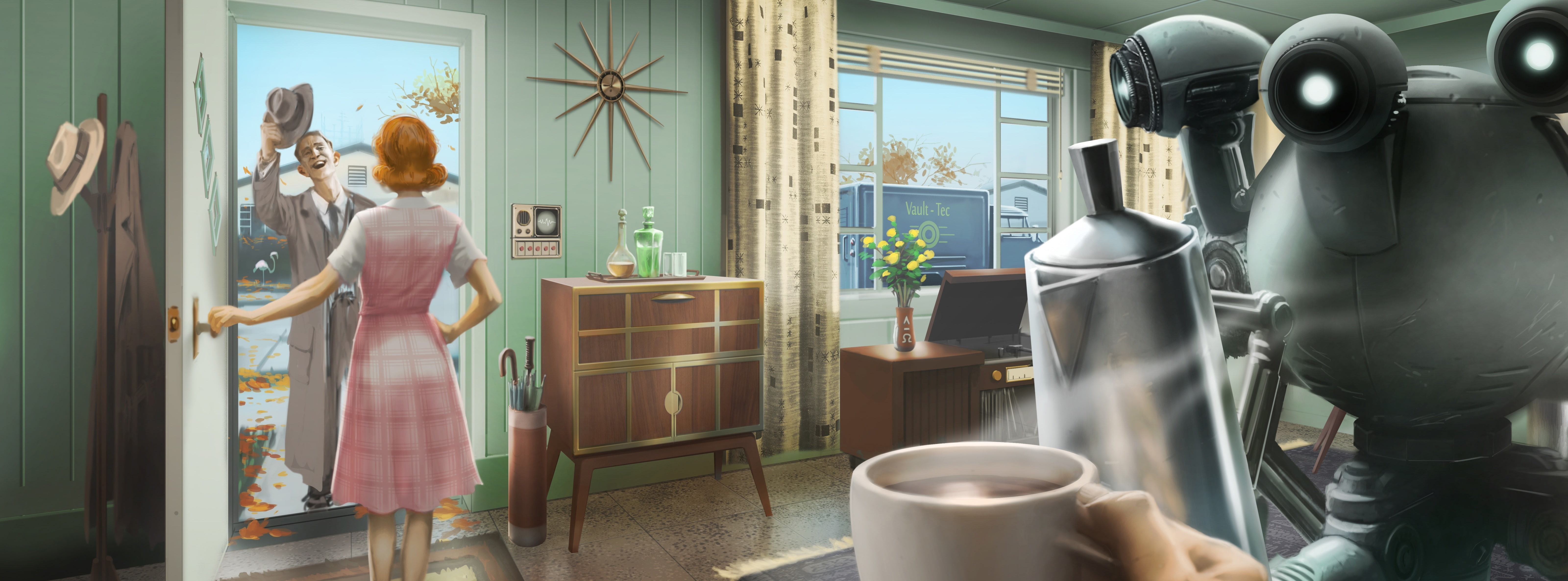 machinery, day, cartoon, art, salesman, occupation, scene, Fallout, business, Future, one person, november, Games, Retro, standing, working, women, adult, HD Wallpaper