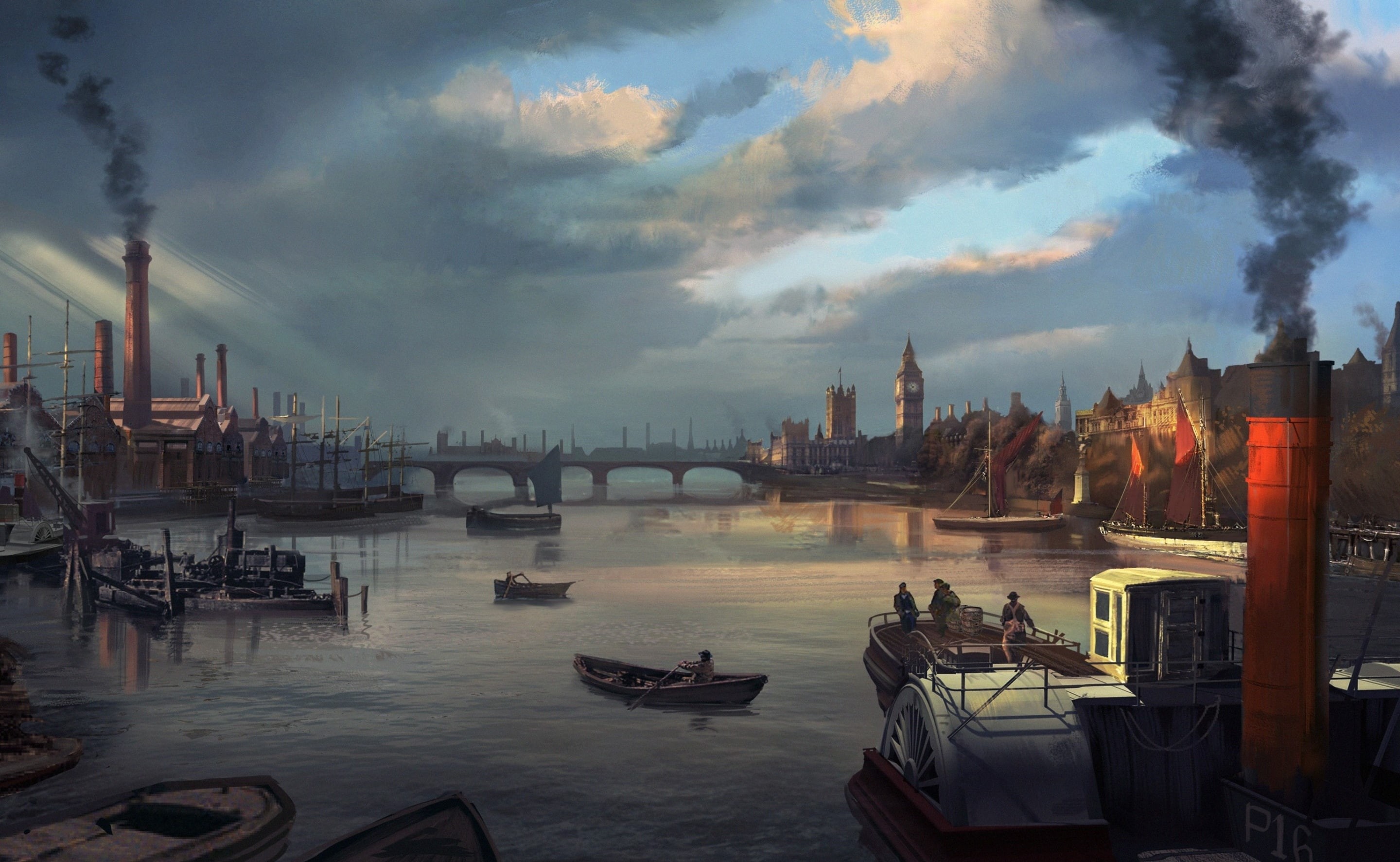 water, 2K, mode of transportation, Game, 1868, Games, 2015, city, no people, sky, building exterior, videogame, Thames, transportation, dusk, conceptart, HD Wallpaper