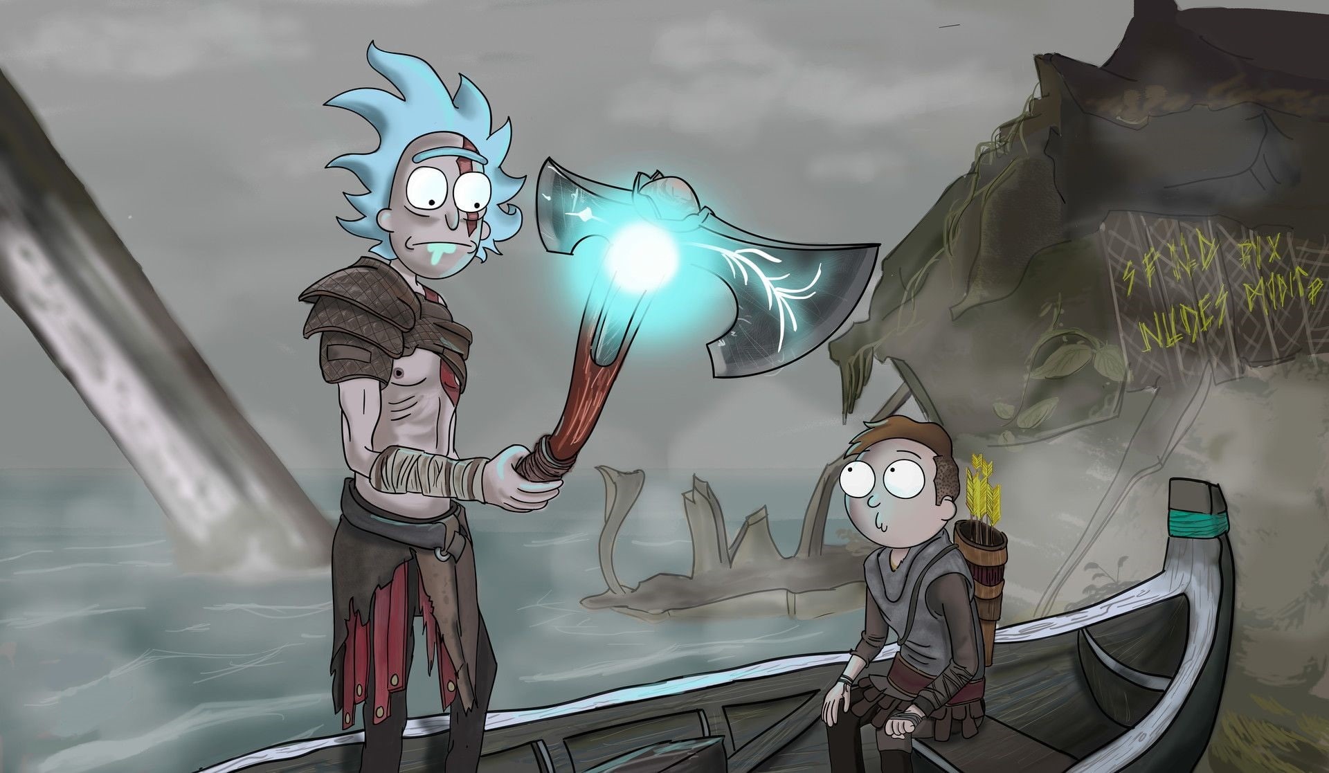 Axe, 1080P, god of war 4, God of War, fan art, God of War (2018), boat, Rick and Morty, drawing, video games, HD Wallpaper