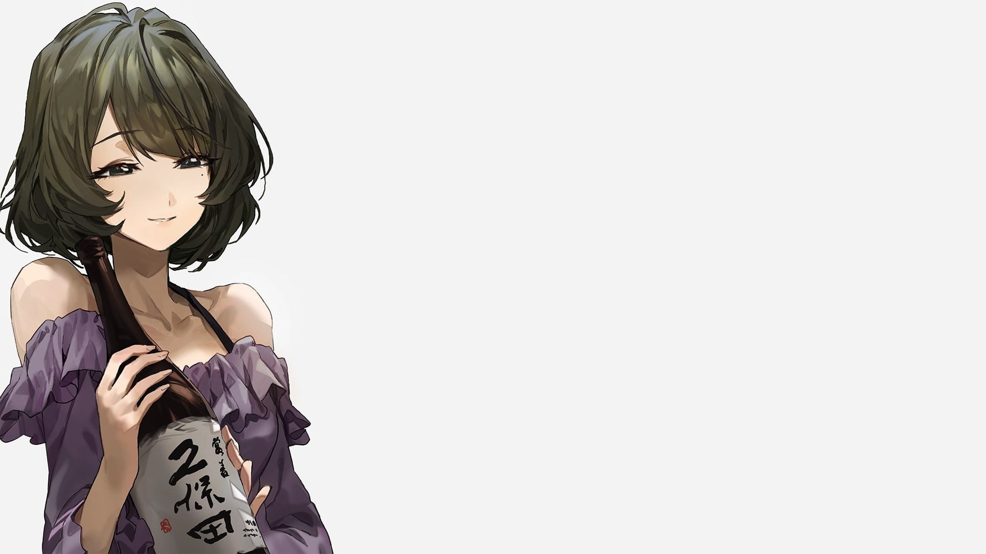 anime, anime girls, sake, minimalism, 1080P, simple background, short hair, manga, HD Wallpaper