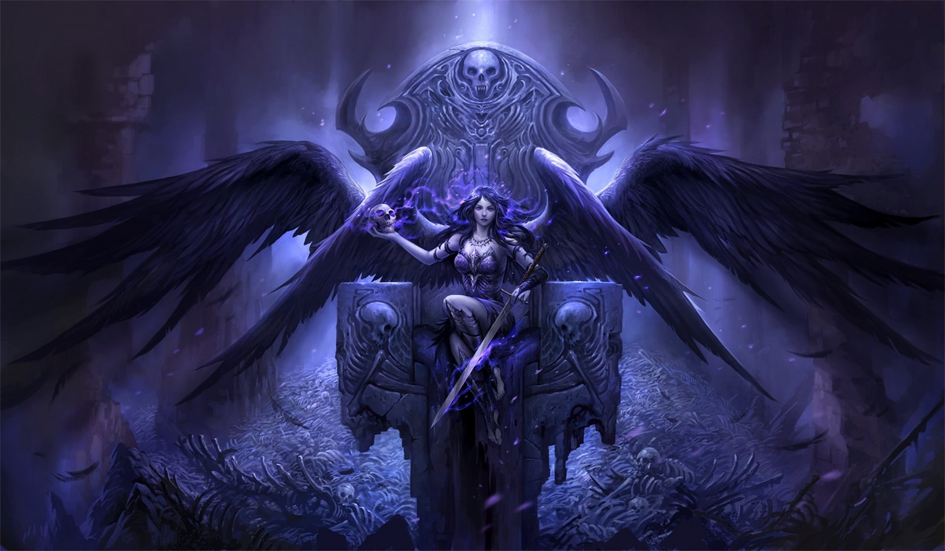 imagination, death, ruins, illustration, spooky, bas-relief, bones, skull, digital composite, girl, creativity, night, throne, costume, sake, animal representation, HD Wallpaper